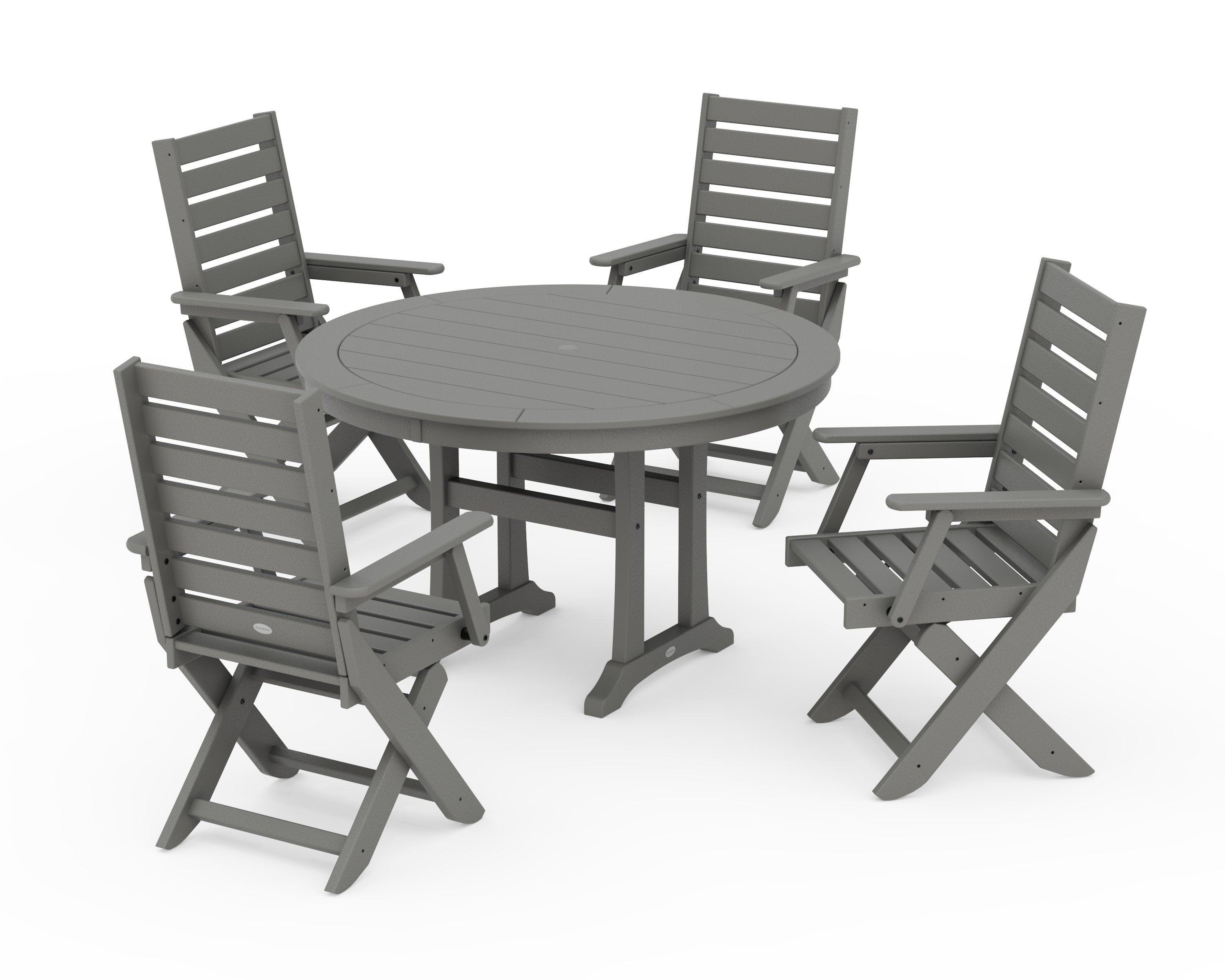 Captain Folding Chair 5-Piece Round Dining Set with Trestle Legs in Slate Grey