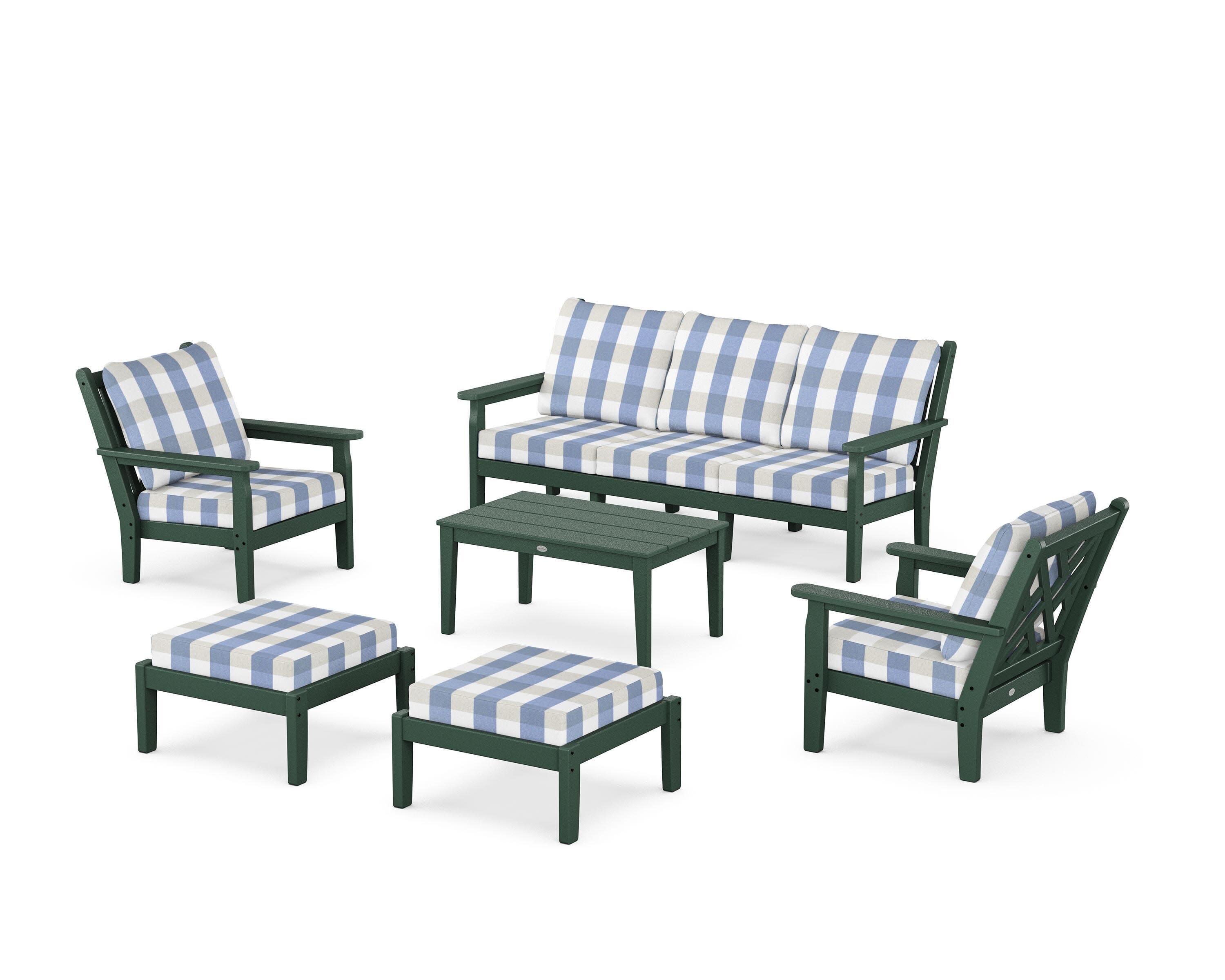 Chippendale 6-Piece Lounge Sofa Set in Green / Buffalo Plaid Sky Blue