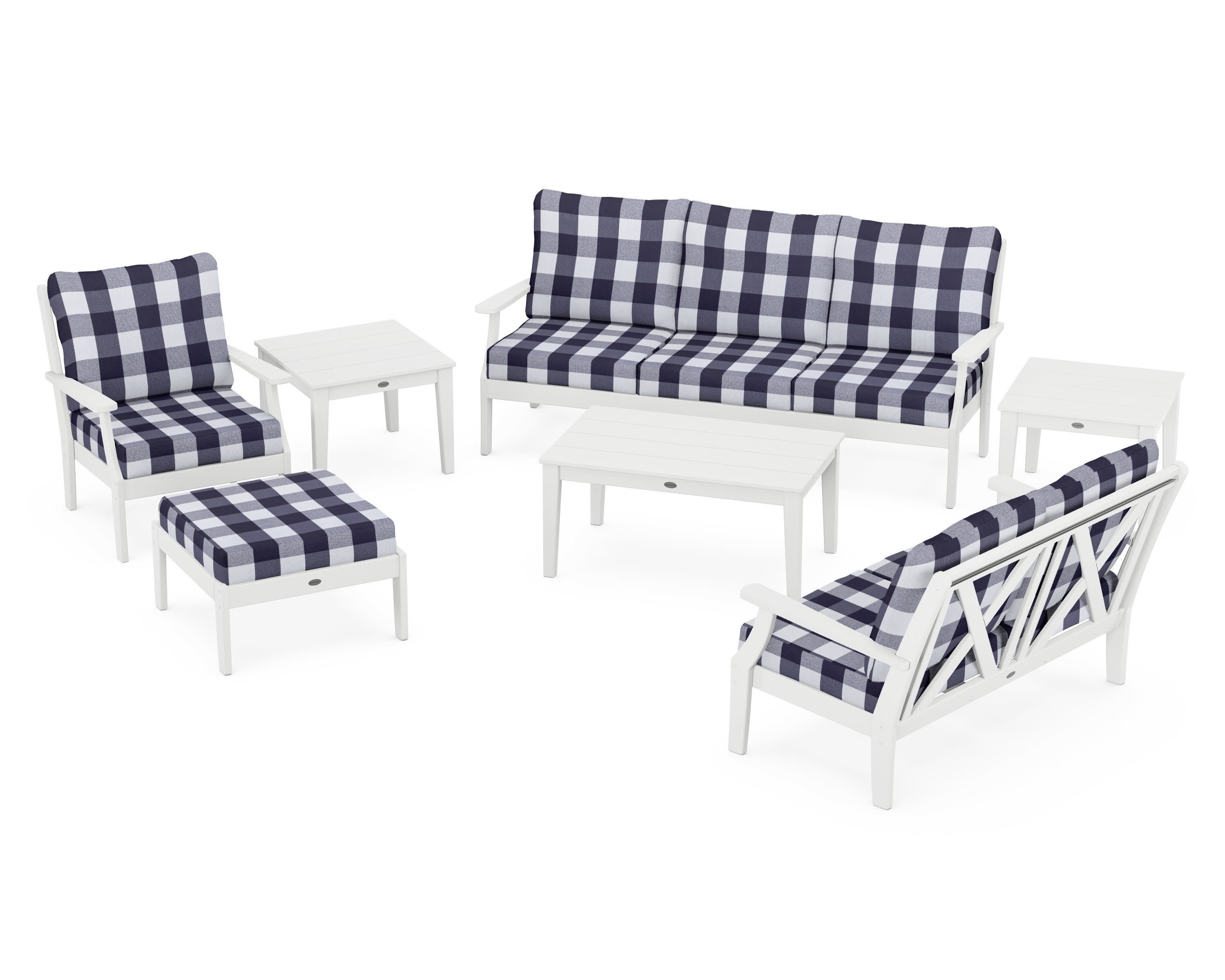 Braxton 7-Piece Deep Seating Set in White / Buffalo Plaid Navy