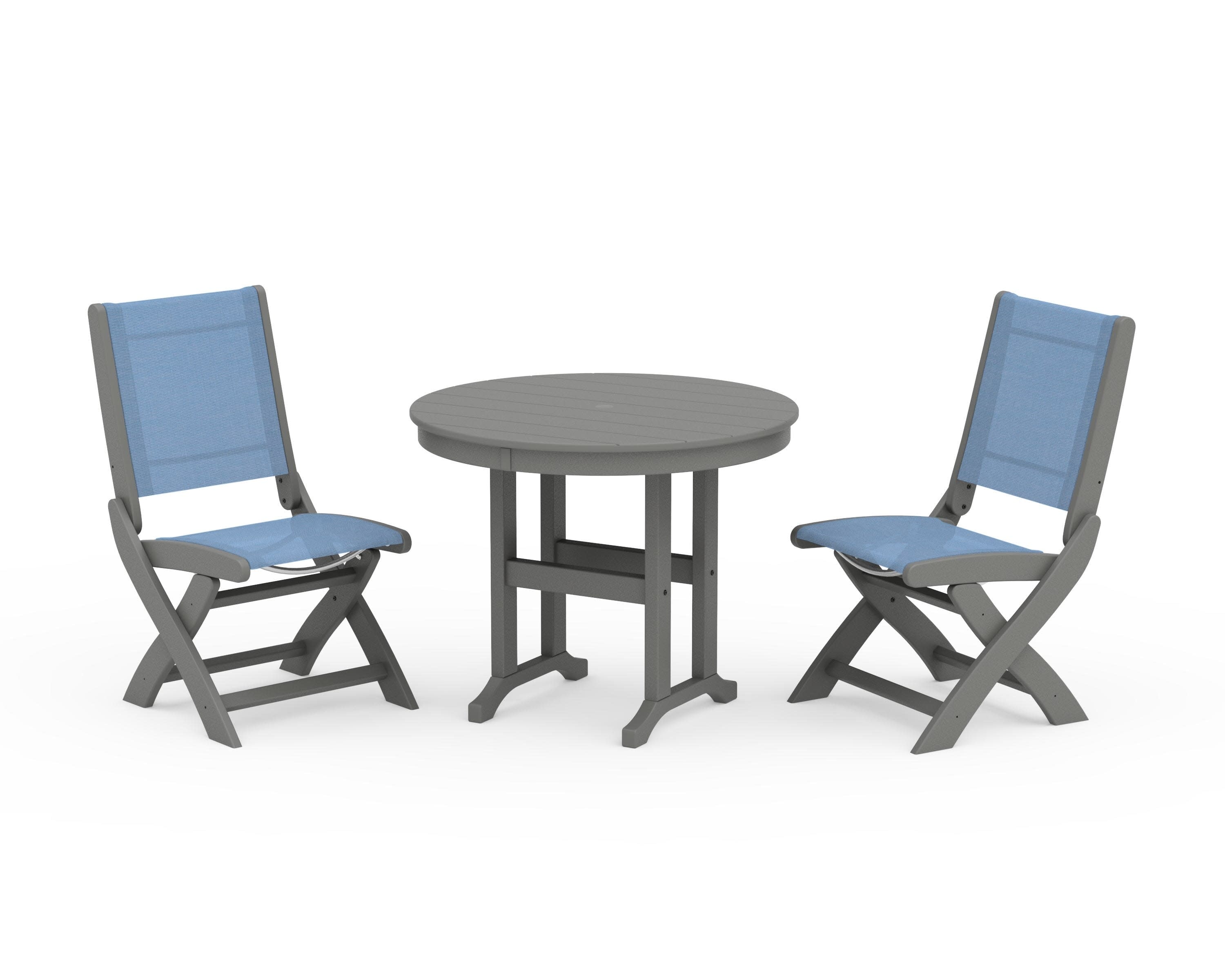 Coastal Folding Side Chair 3-Piece Round Dining Set in Slate Grey / Poolside Sling