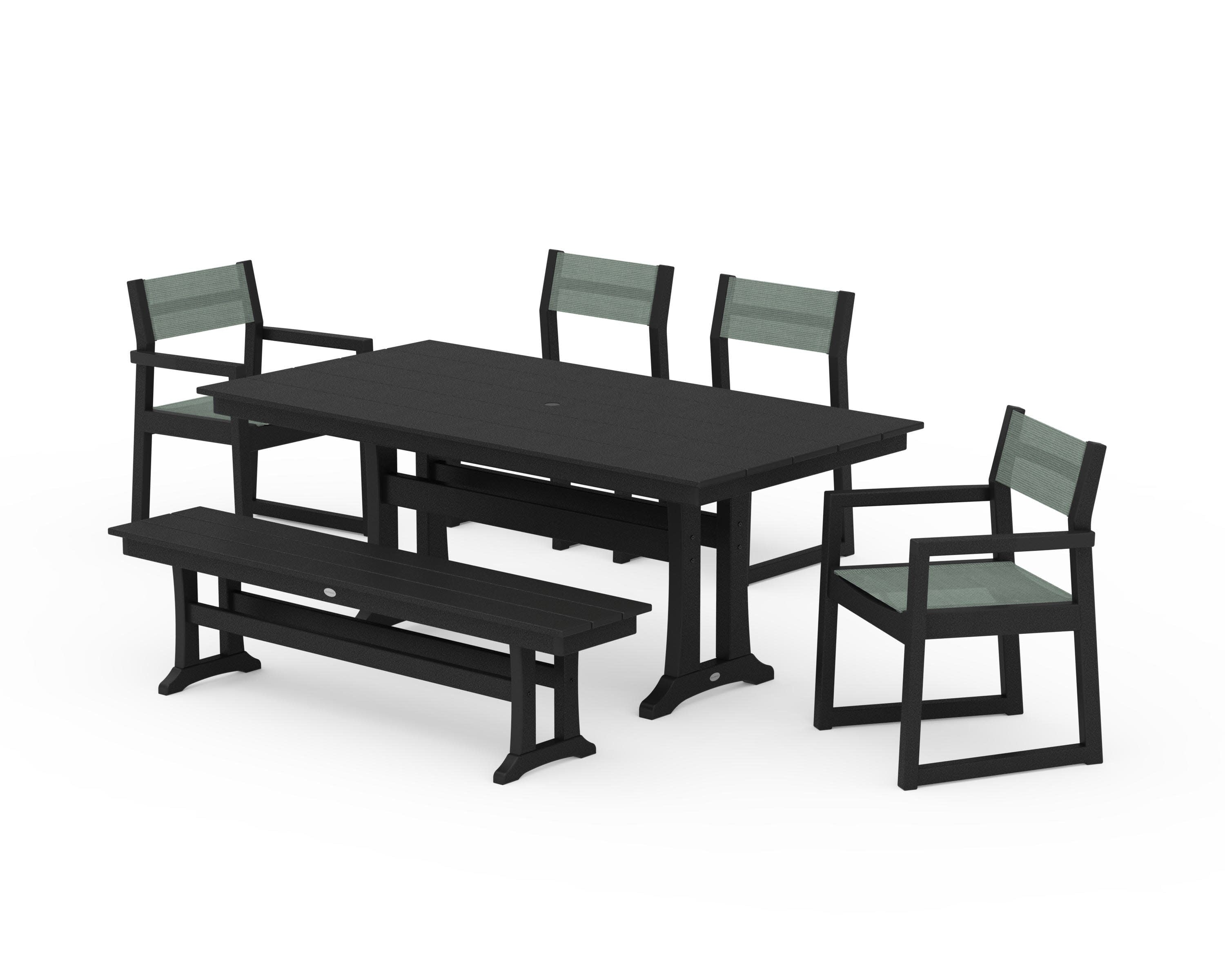 EDGE Sling 6-Piece Farmhouse Dining Set With Trestle Legs in Black / Dupioni Sea Mist Sling