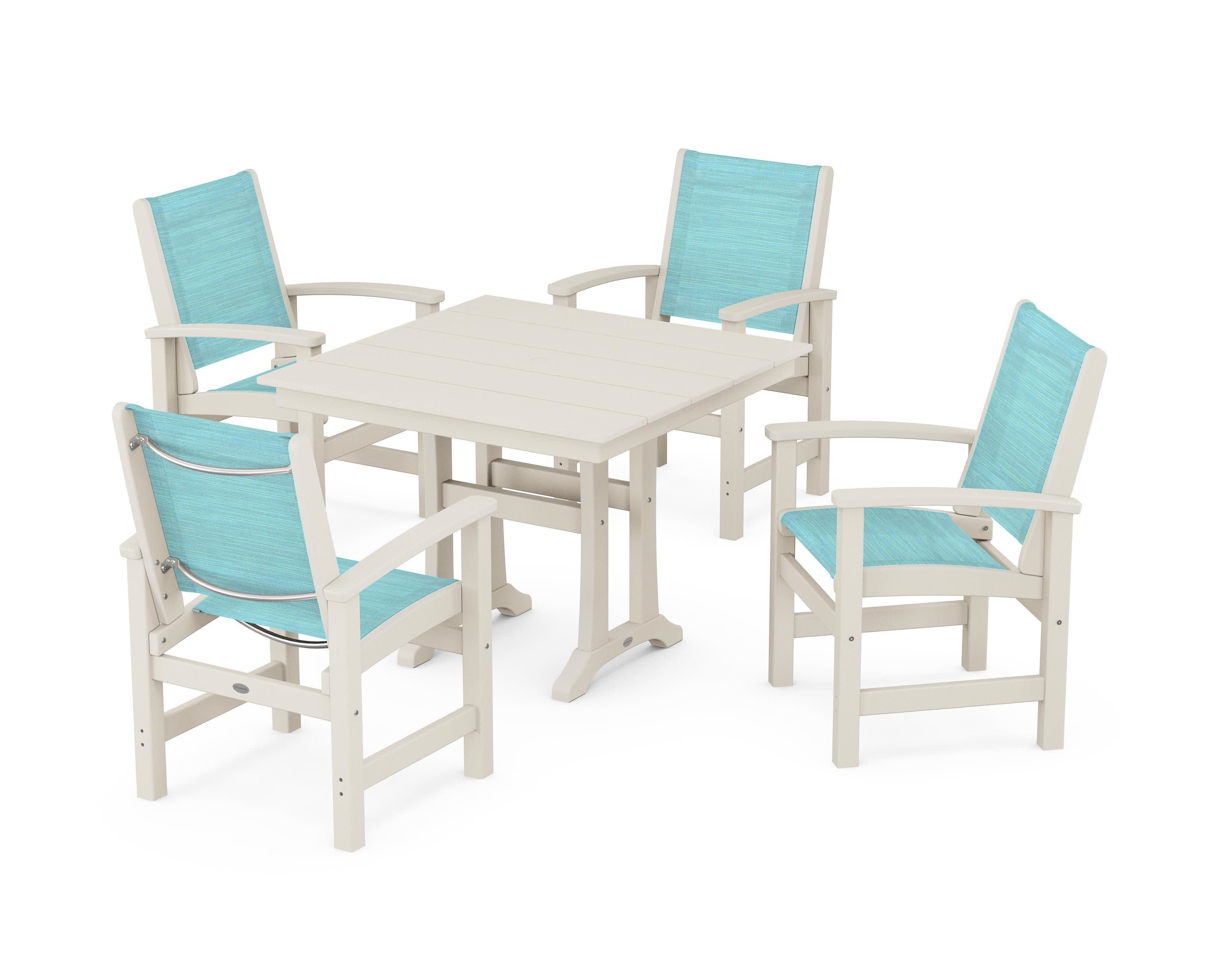Coastal 5-Piece Farmhouse Dining Set With Trestle Legs in Sand / Dupioni Aquamarine Sling