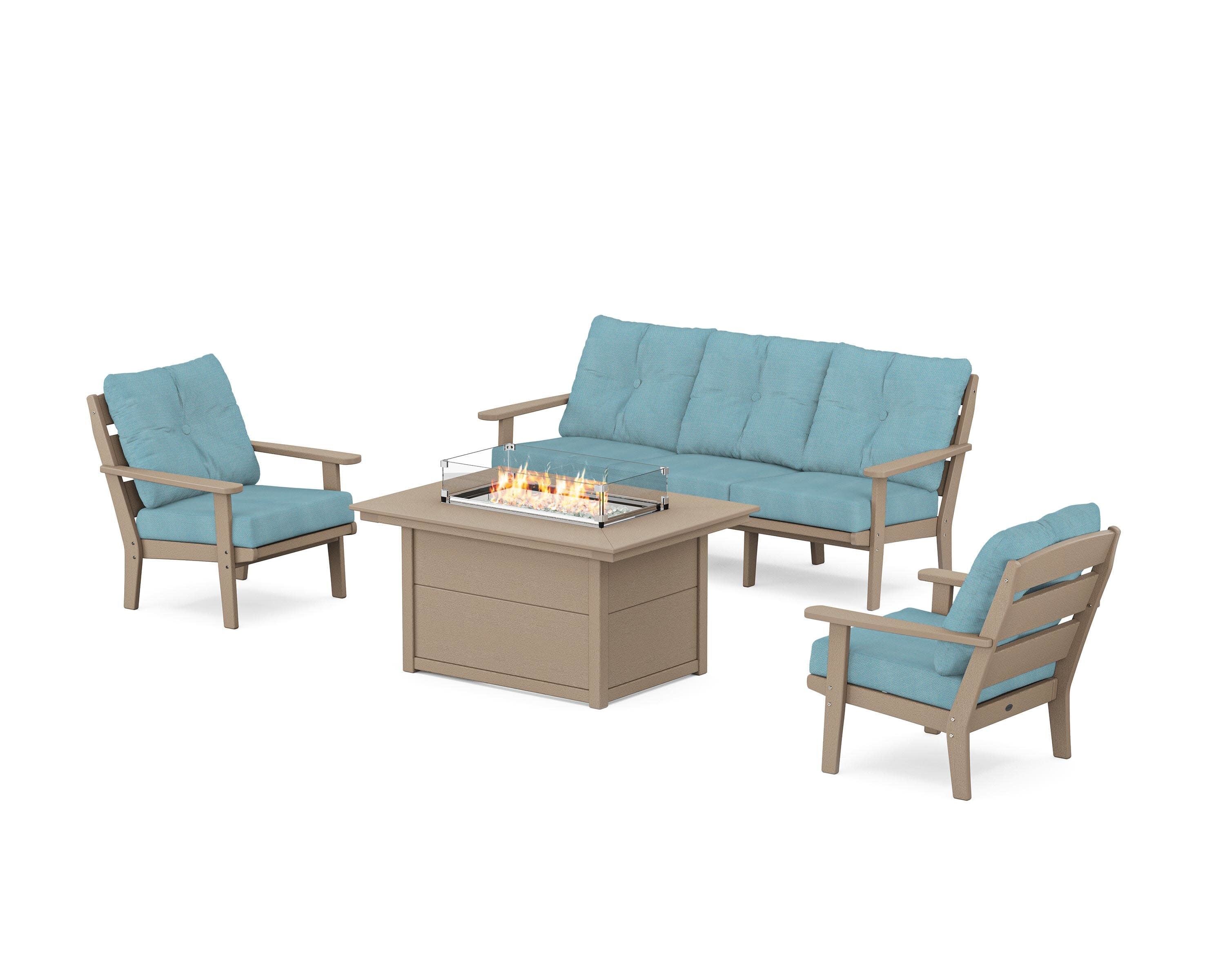 Lakeside Deep Seating Fire Pit Table Set in Vintage Sahara / Lattice Sky Blue