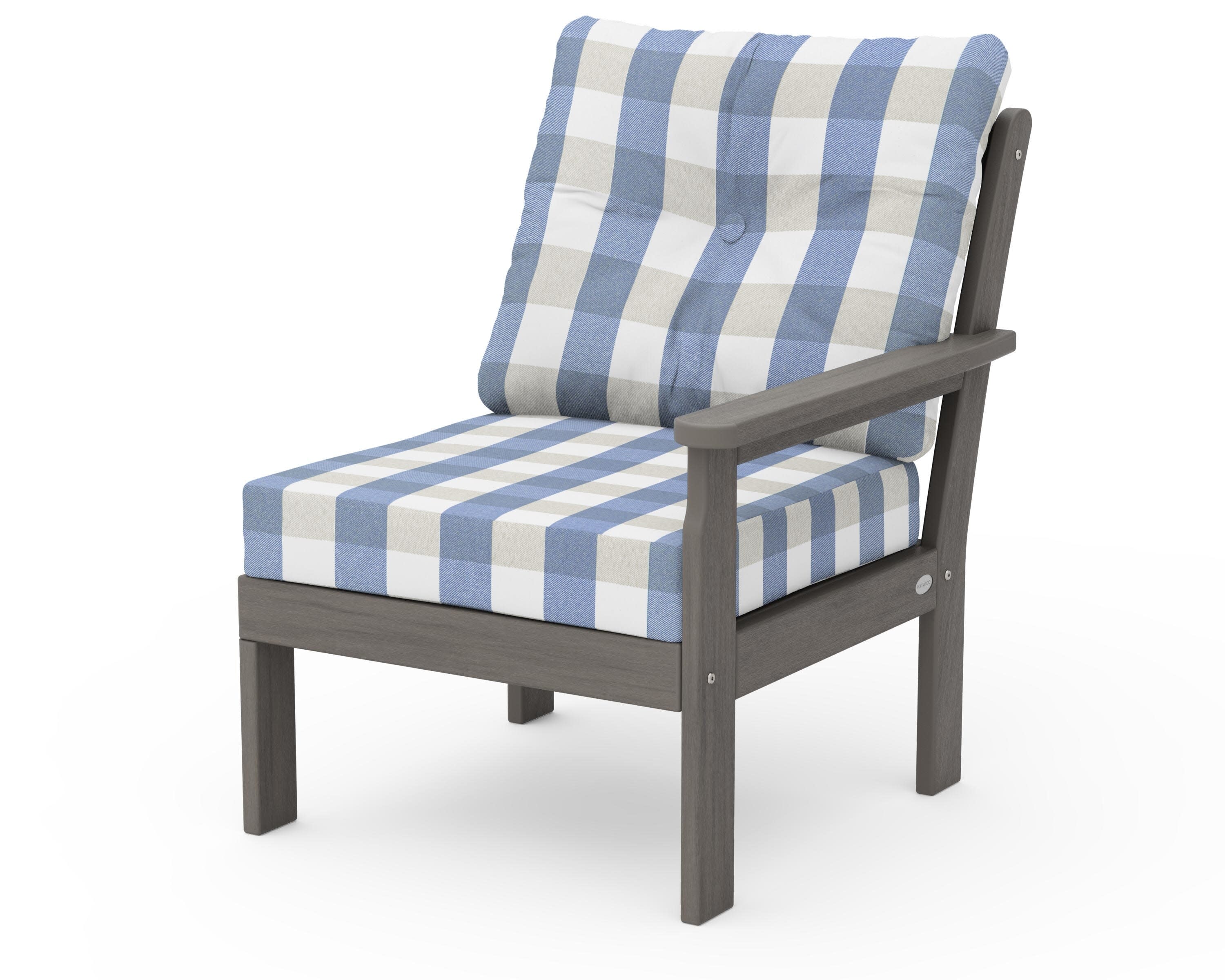 Vineyard Modular Right Arm Chair in Driftwood / Buffalo Plaid Sky Blue