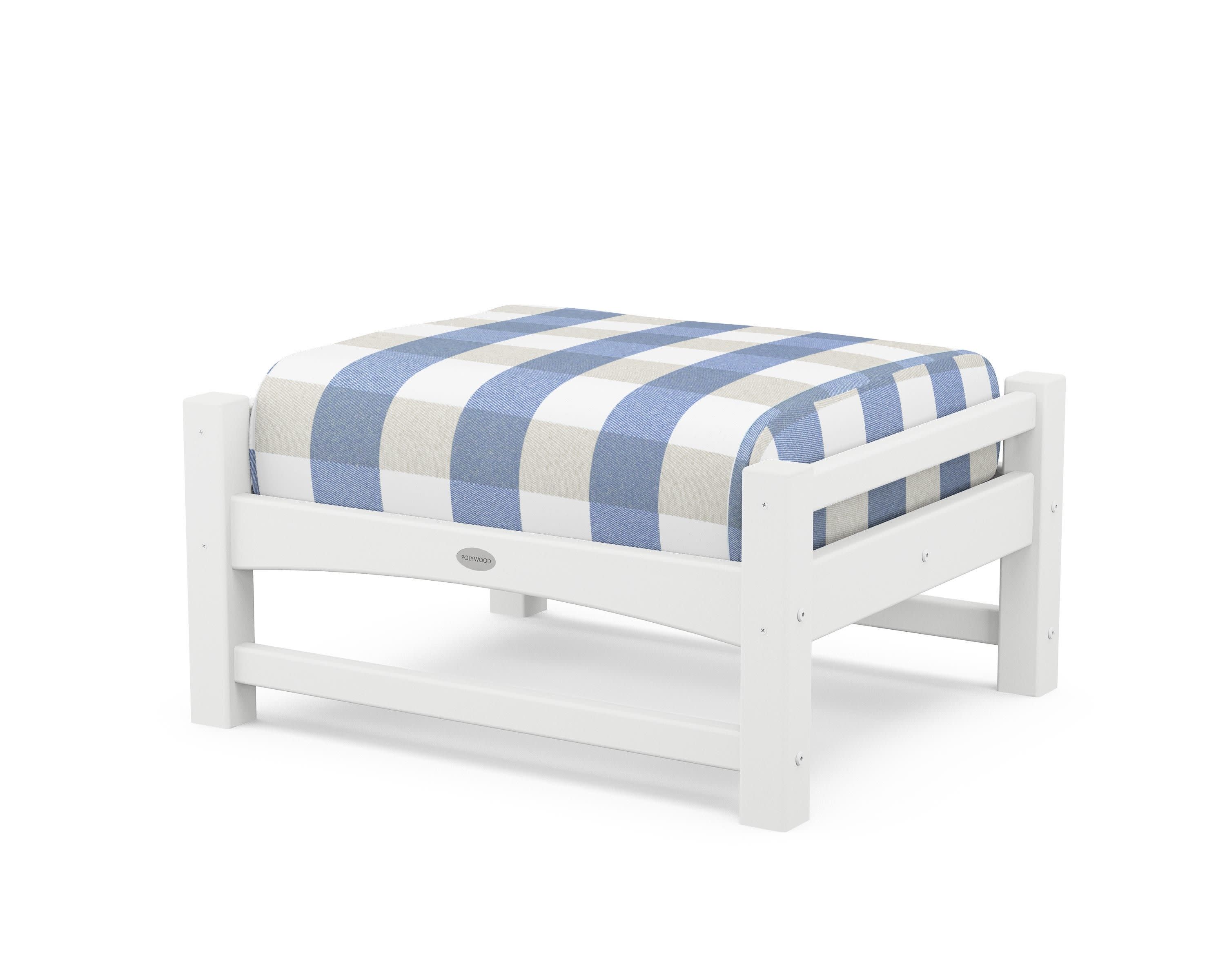 Club Ottoman in White / Buffalo Plaid Sky Blue
