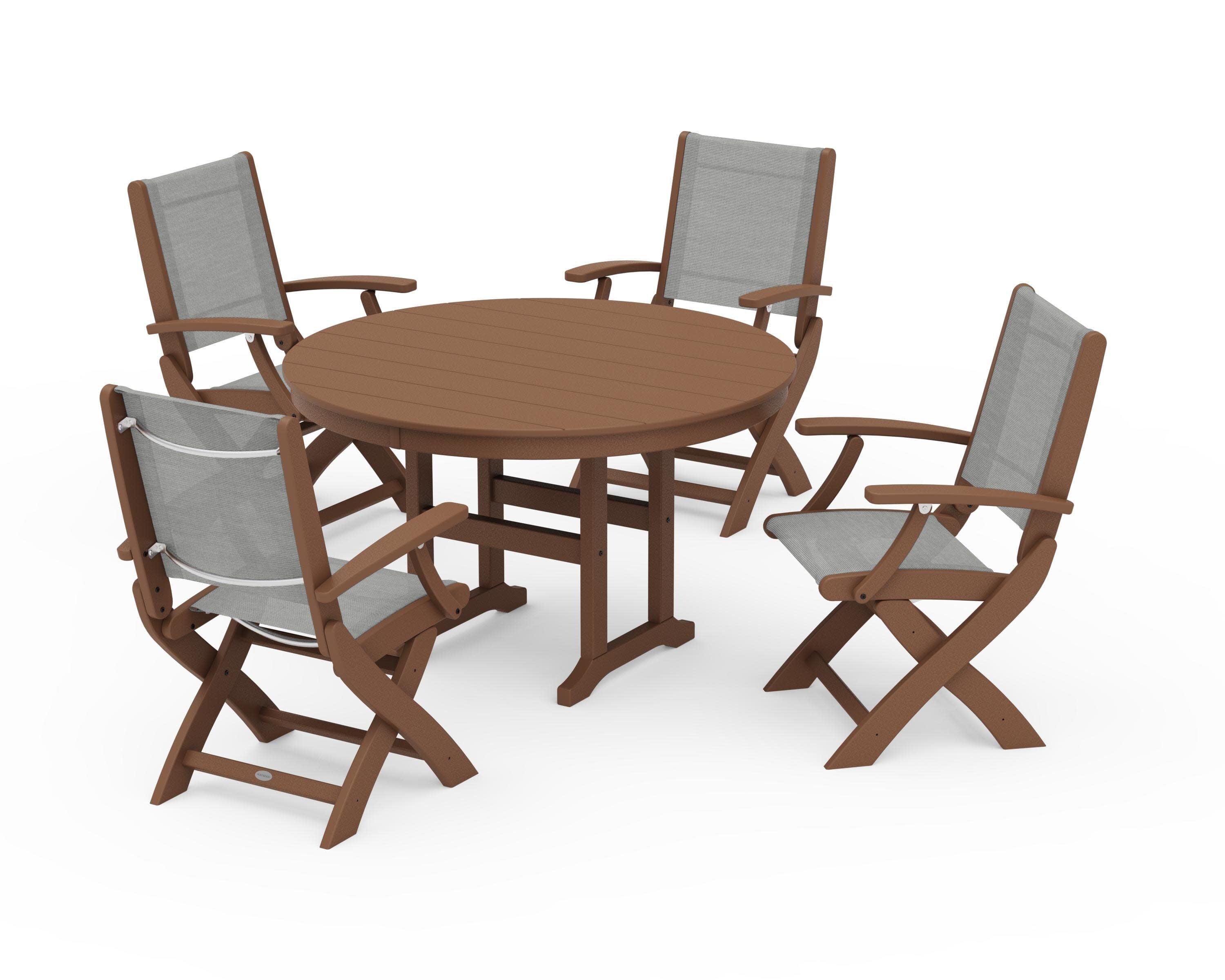 Coastal Folding Chair 5-Piece Round Dining Set in Teak / Metallic Sling