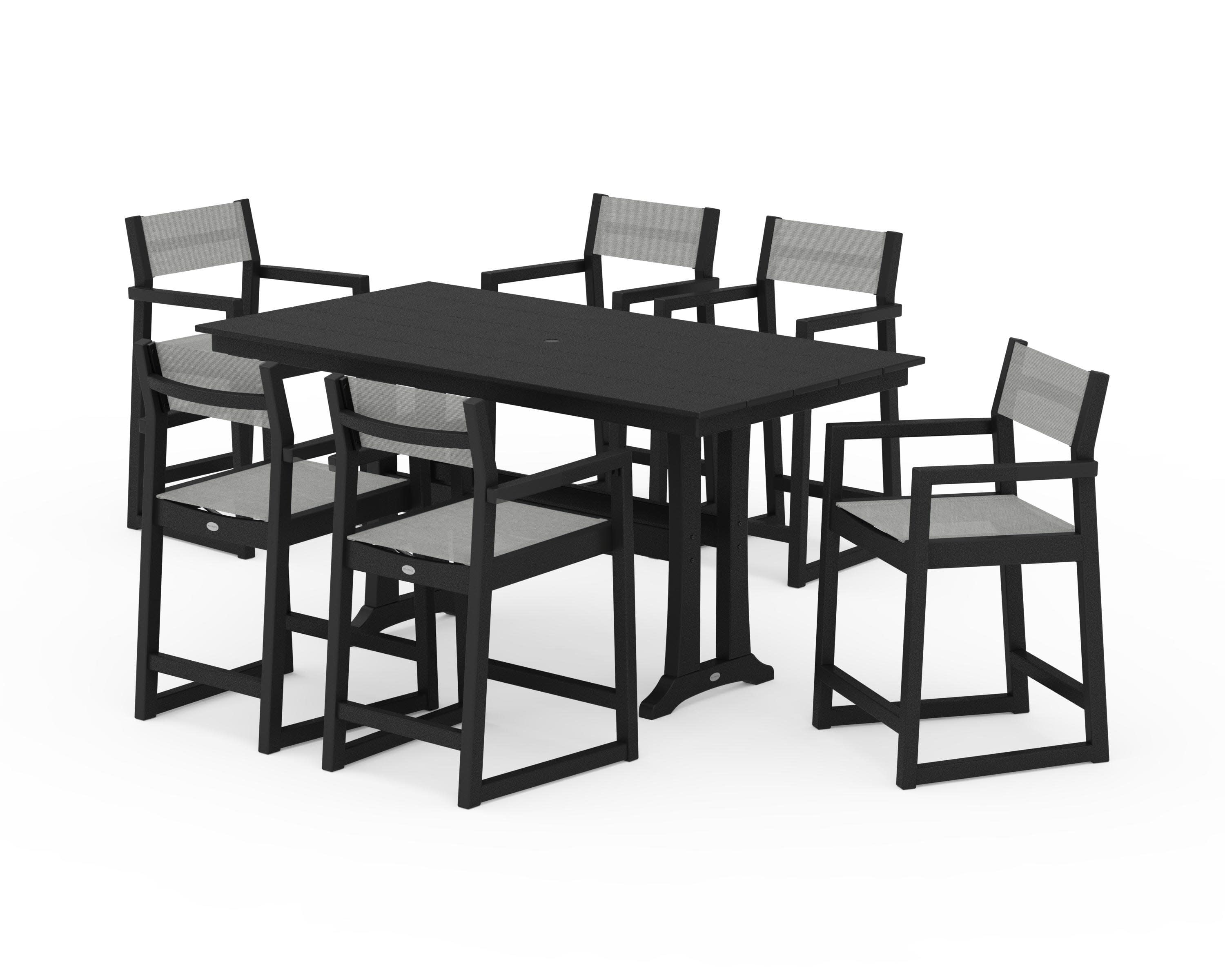 EDGE Sling Arm Chair 7-Piece Farmhouse Counter Set with Trestle Legs in Black / Metallic Sling