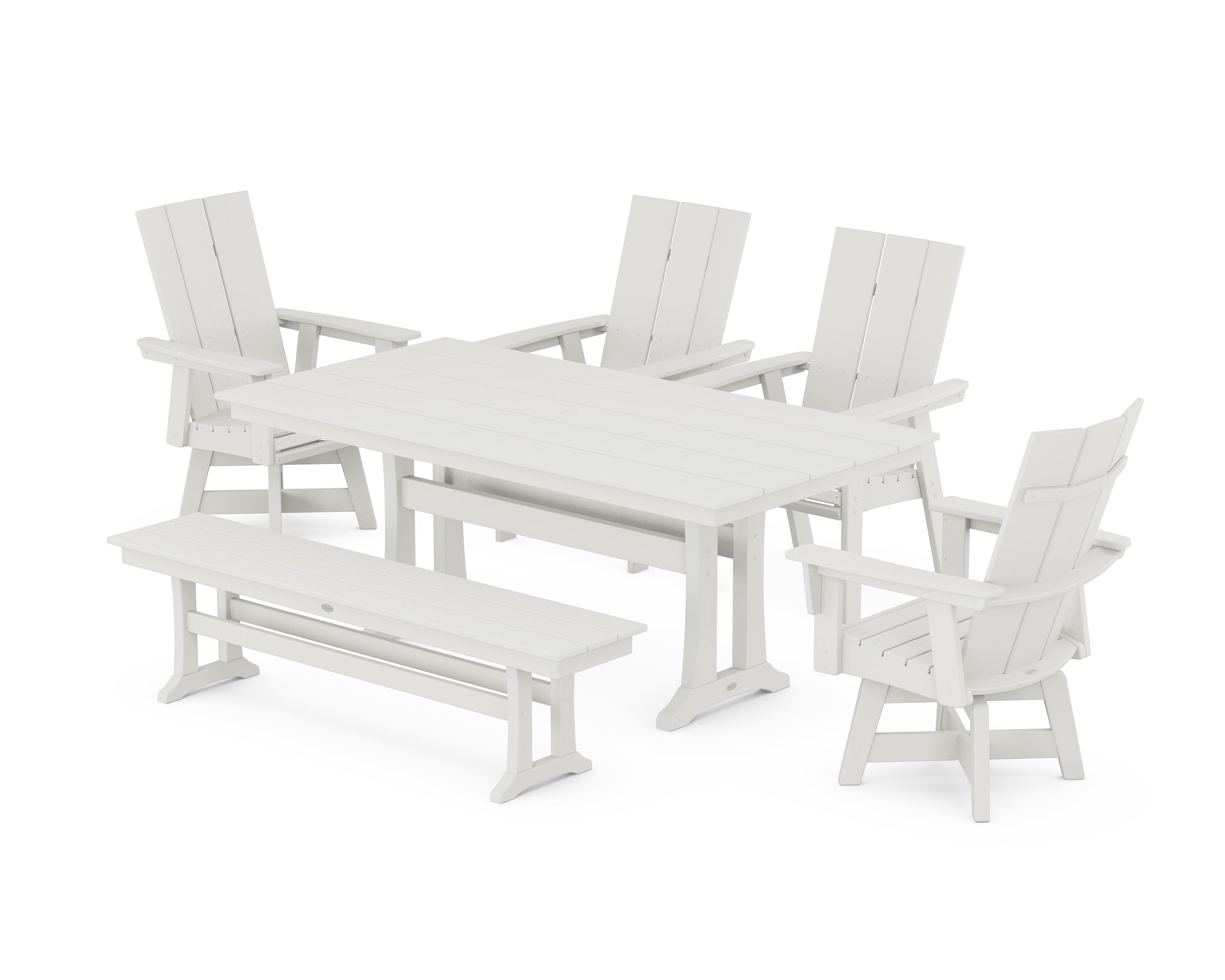 Modern Curveback Adirondack Swivel Chair 6-Piece Farmhouse Dining Set With Trestle Legs and Bench in Vintage White