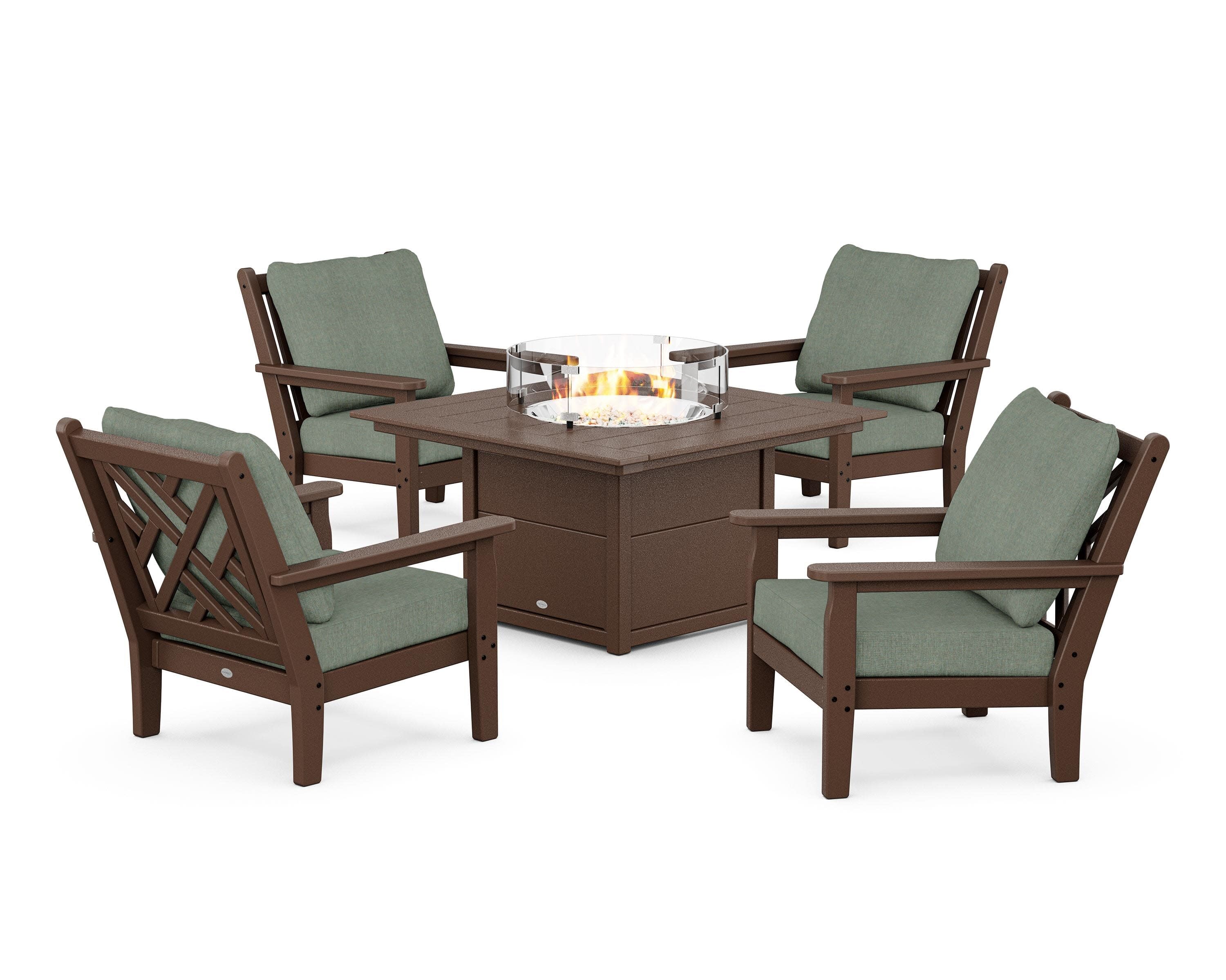 Chippendale 5-Piece Deep Seating Set with Fire Pit Table in Mahogany / Cast Sage