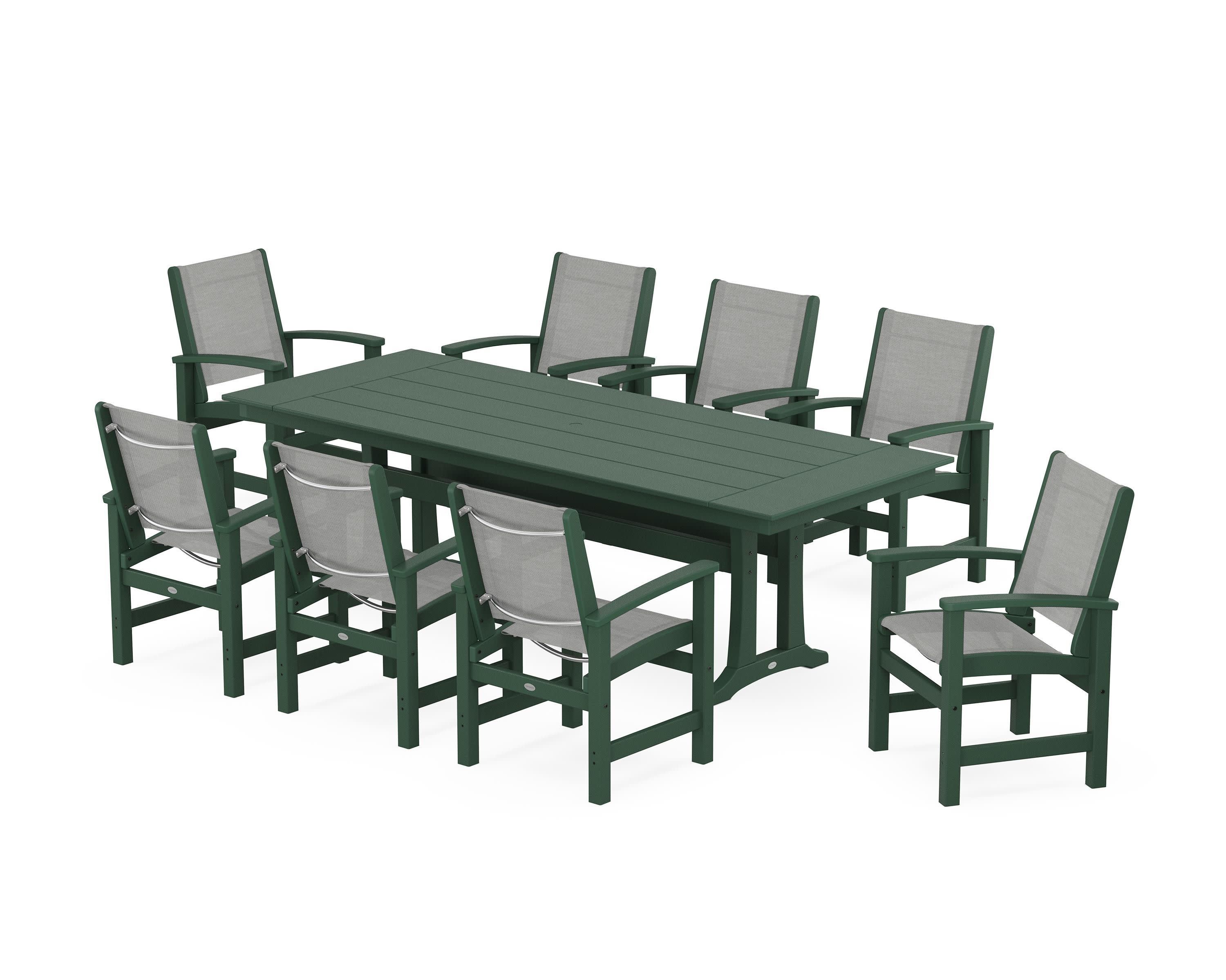 Coastal 9-Piece Farmhouse Dining Set with Trestle Legs in Green / Metallic Sling