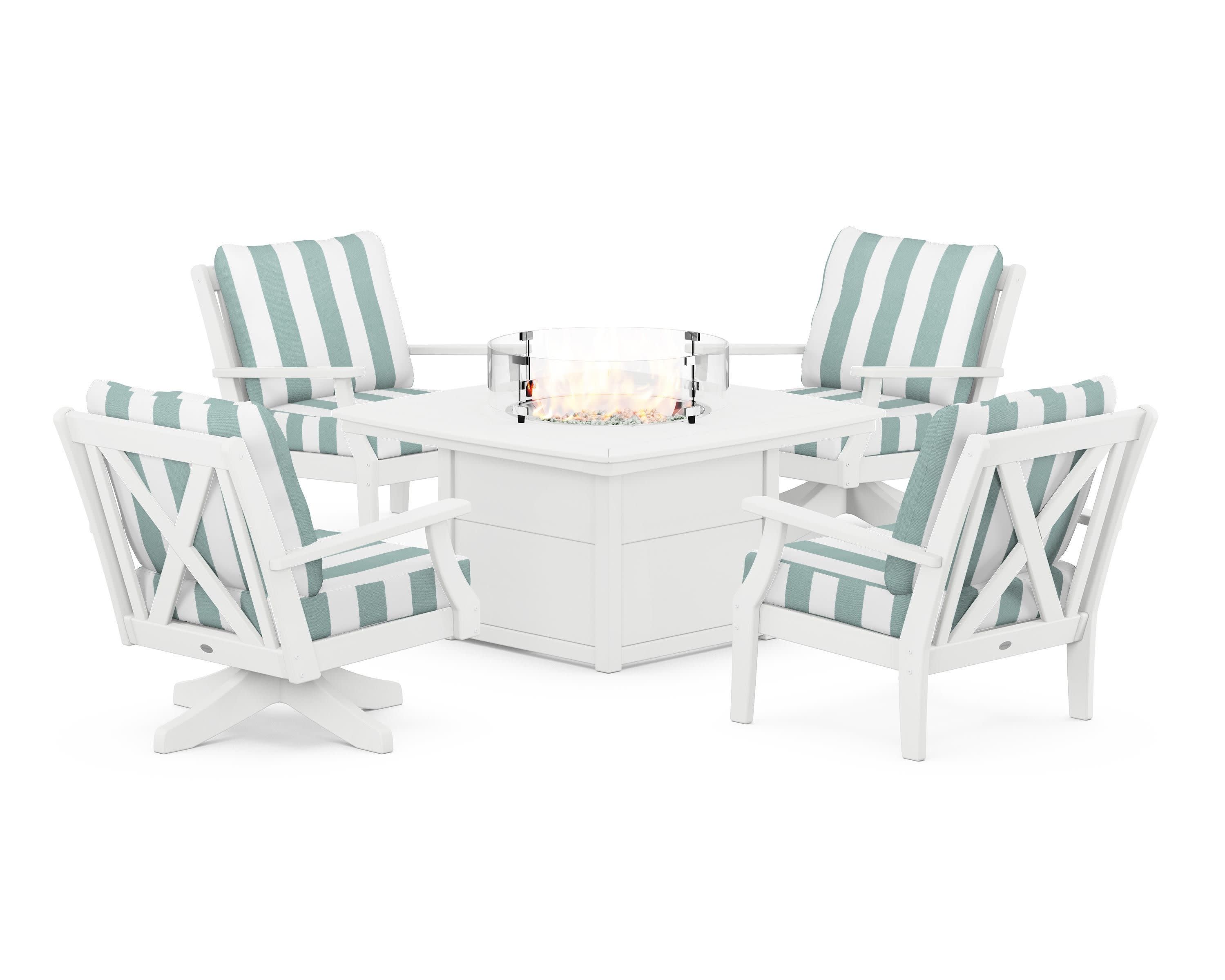 Braxton 5-Piece Deep Seating Set with Fire Table in White / Cabana Stripe Glacier Spa