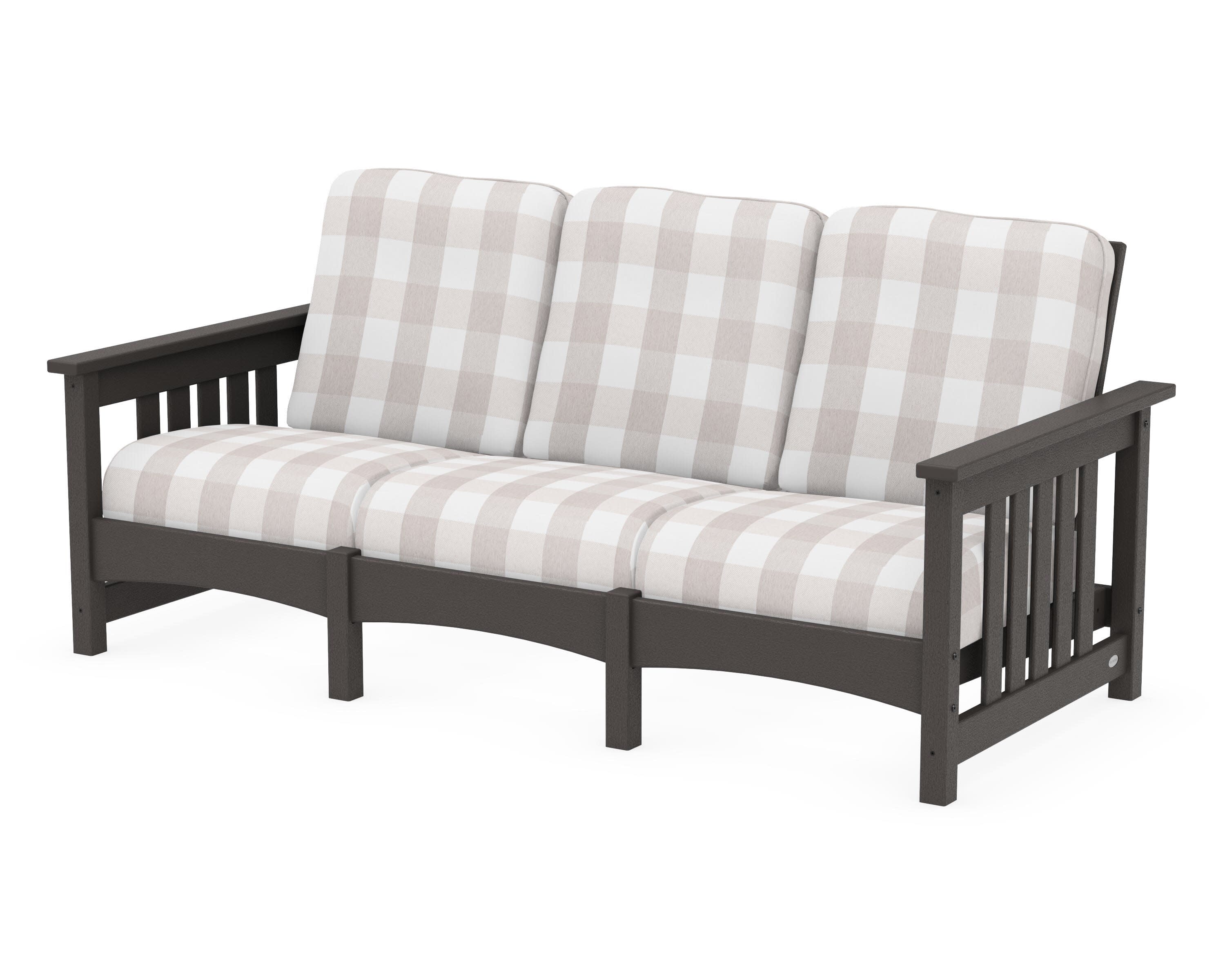 Club Mission Sofa in Vintage Coffee / Buffalo Plaid Dune Burlap