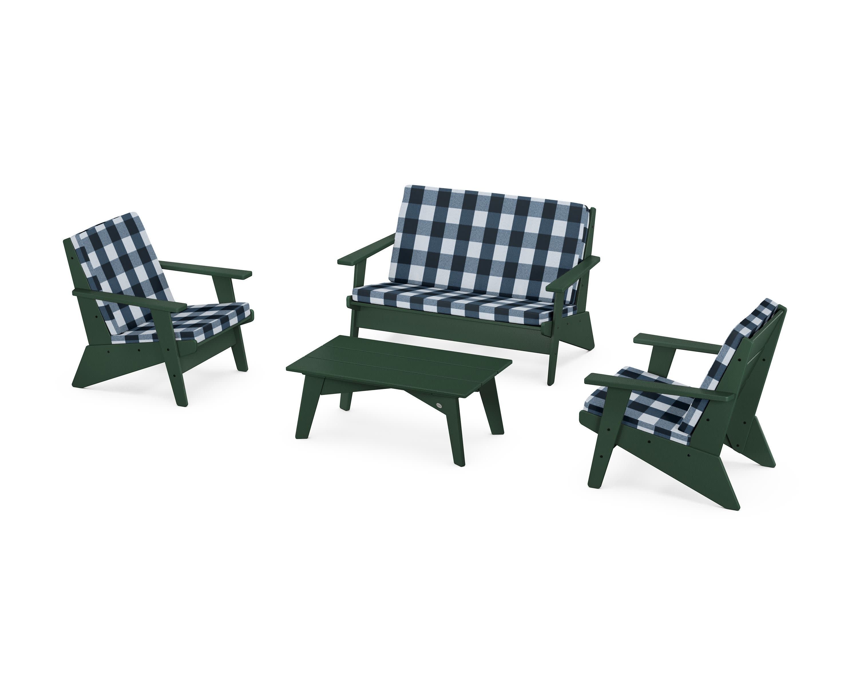 Riviera Modern Lounge 4-Piece Set in Green / Buffalo Plaid Marine Indigo