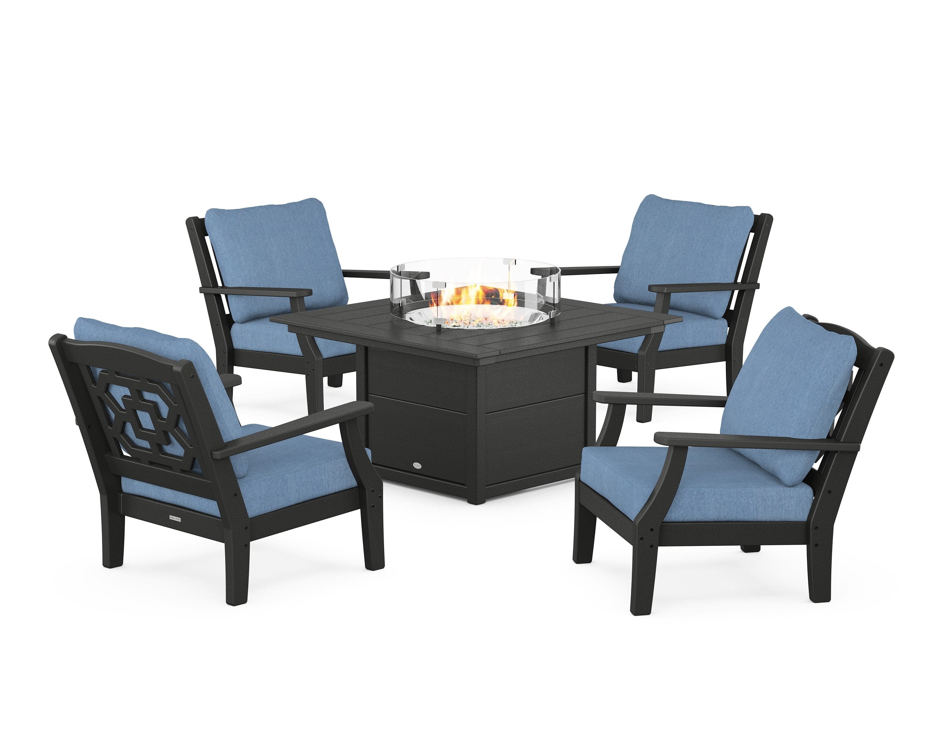 Chinoiserie 5-Piece Deep Seating Set with Fire Pit Table in Black / Sky Blue
