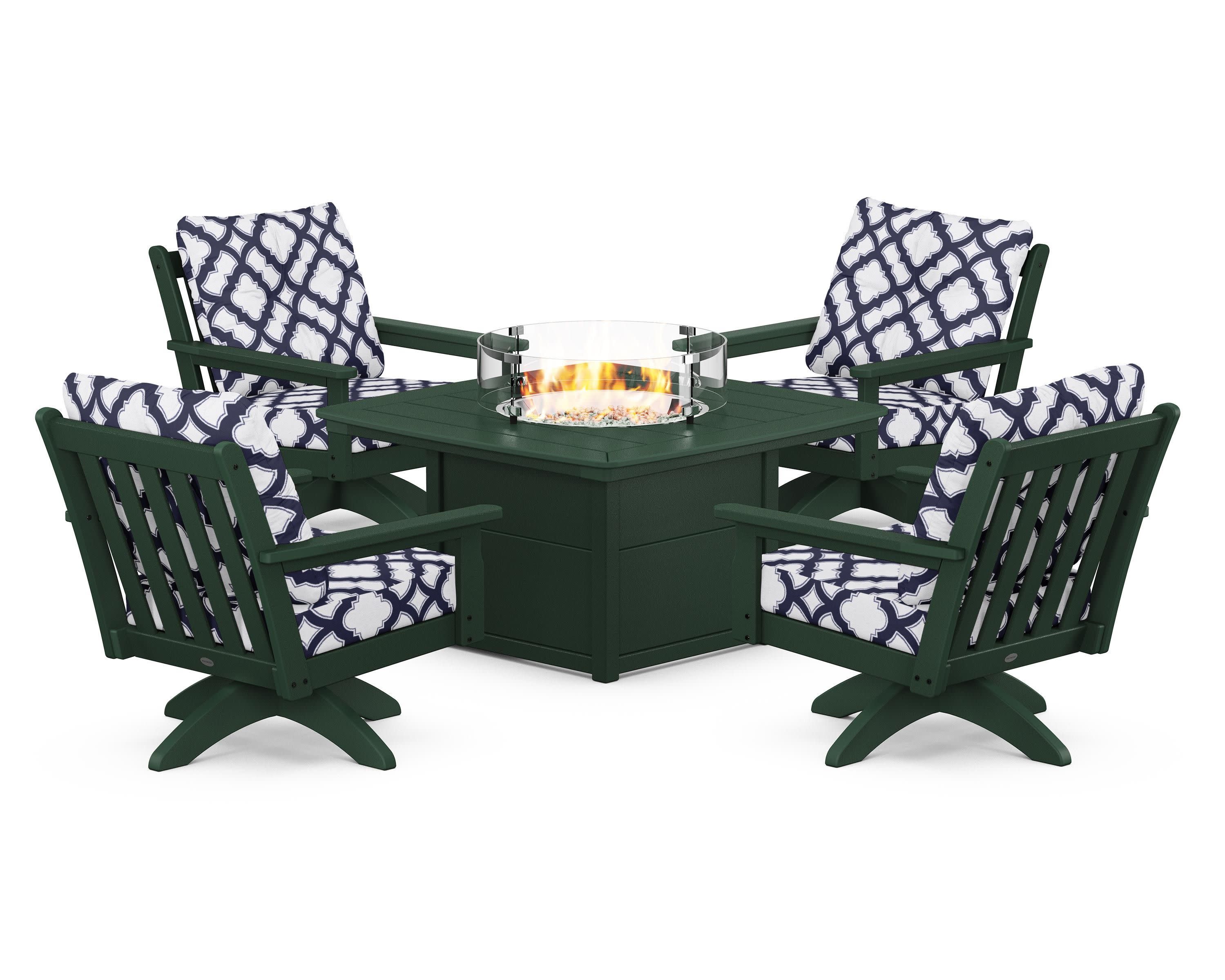 Vineyard 5-Piece Deep Seating Swivel Conversation Set with Fire Pit Table in Green / Trellis Navy
