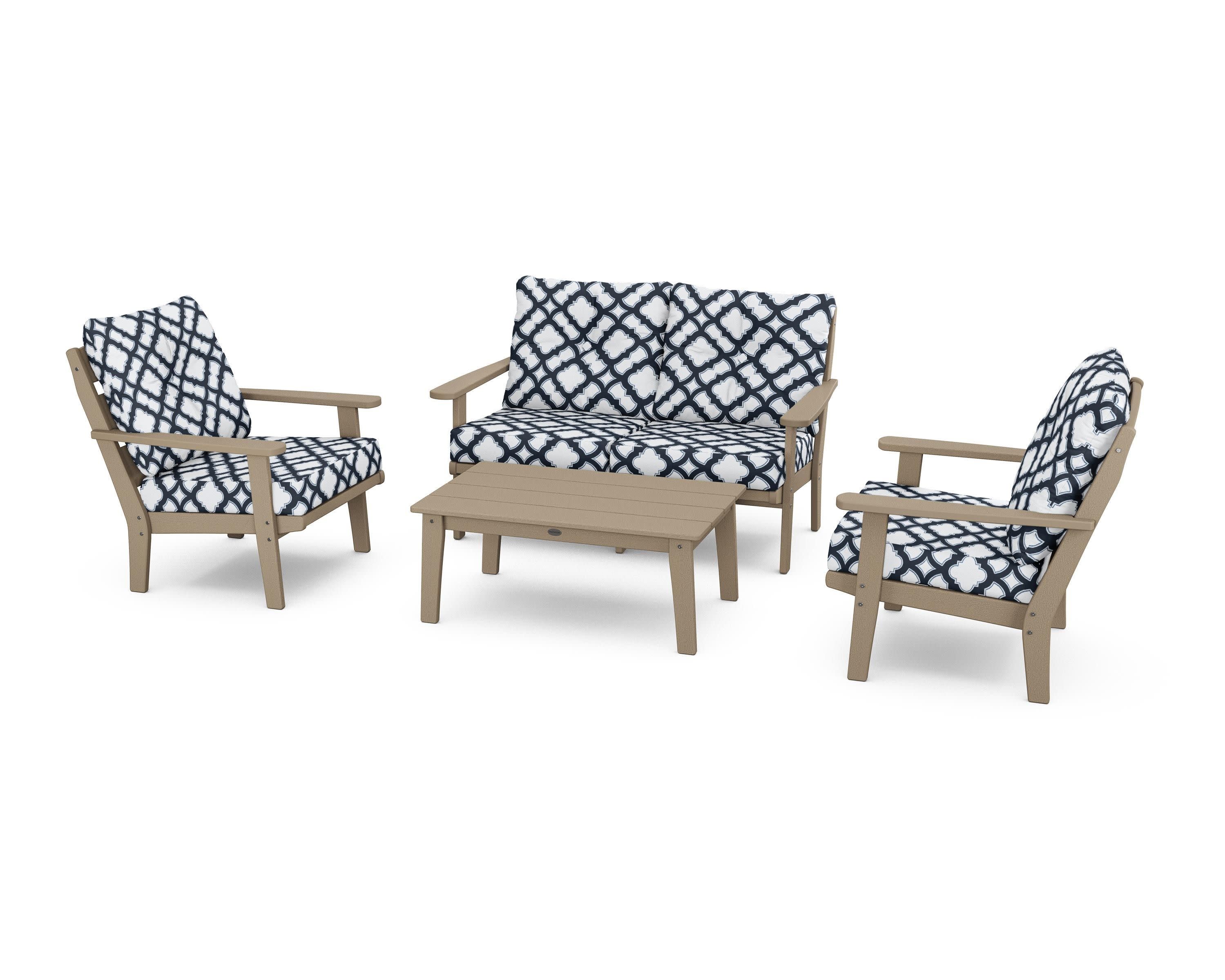 Lakeside 4-Piece Deep Seating Set in Vintage Sahara / Trellis Marine Indigo