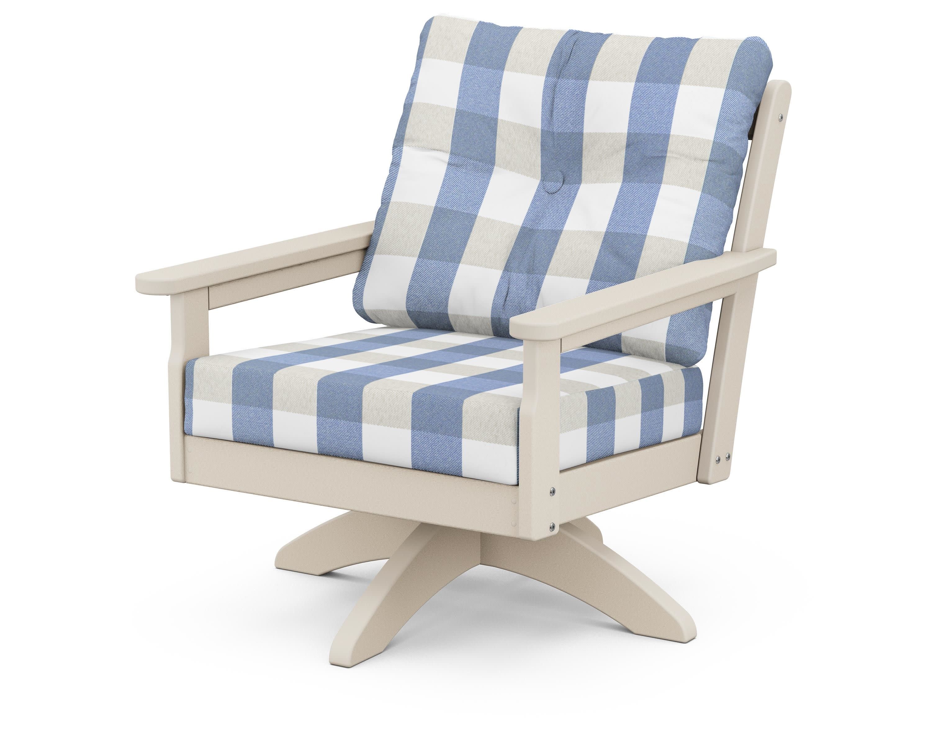Vineyard Deep Seating Swivel Chair in Sand / Buffalo Plaid Sky Blue