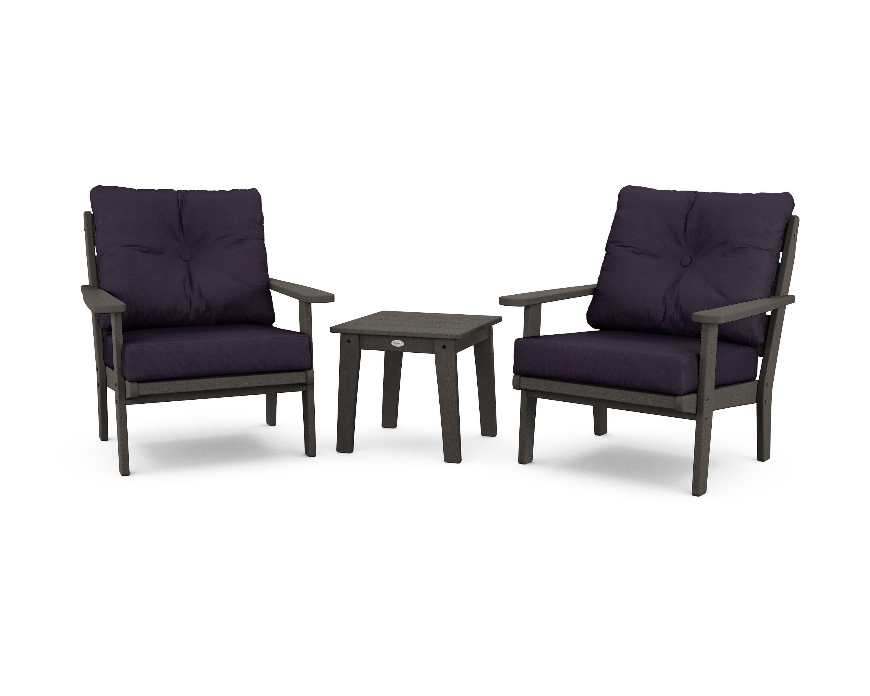Lakeside 3-Piece Deep Seating Chair Set in Vintage Coffee / Navy Linen