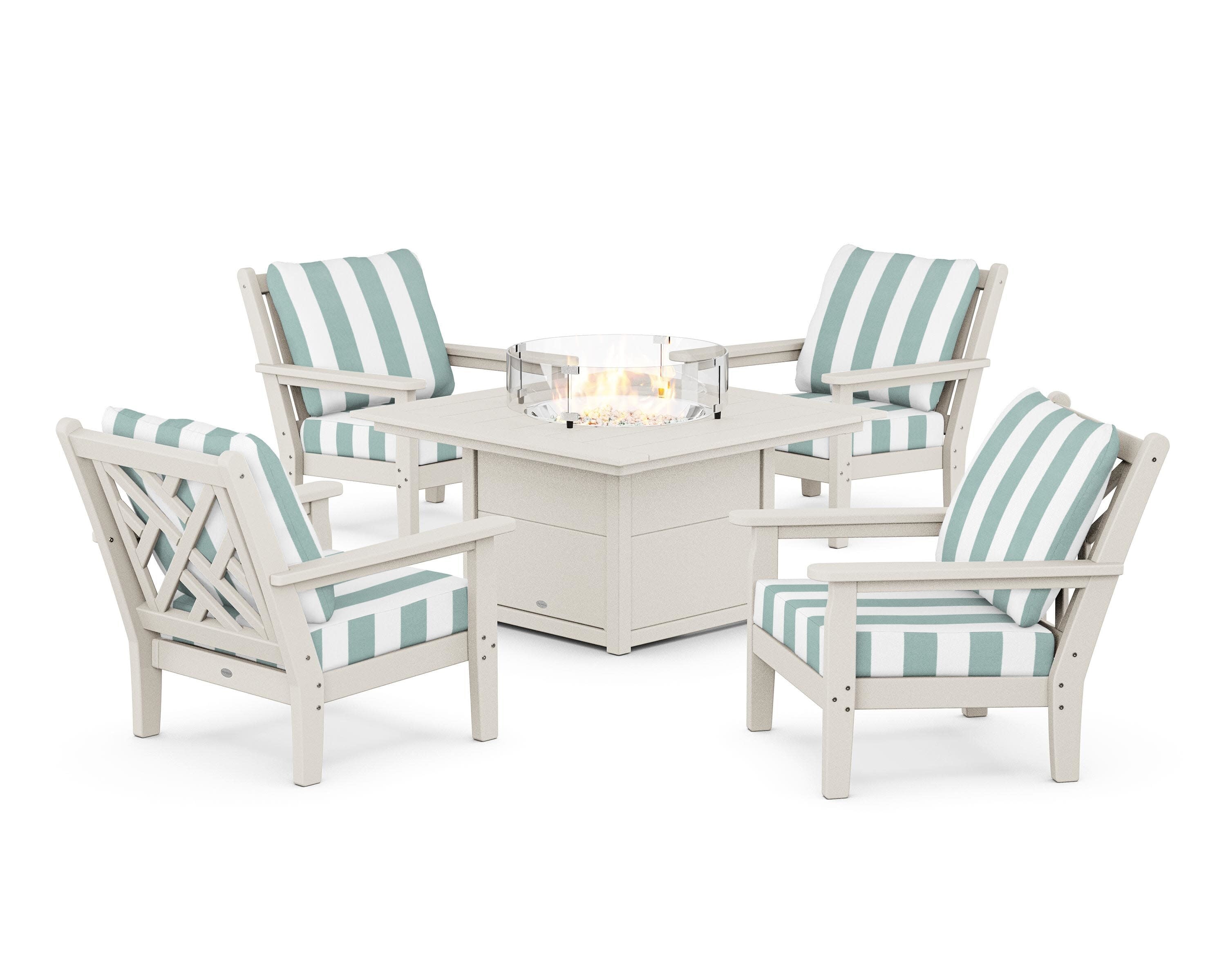 Chippendale 5-Piece Deep Seating Set with Fire Pit Table in Sand / Cabana Stripe Glacier Spa