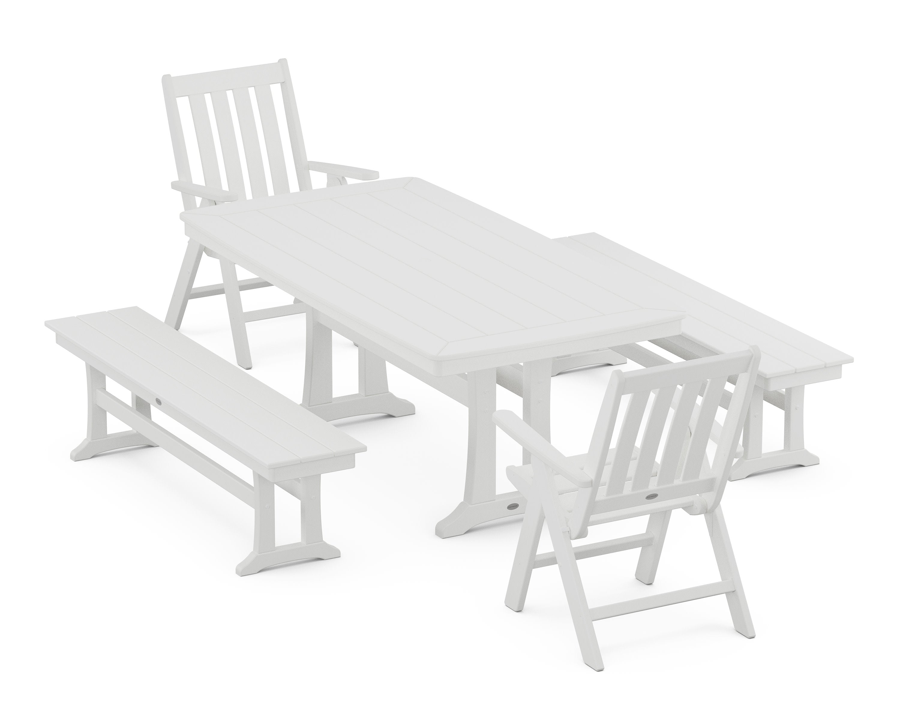 Vineyard Folding Chair 5-Piece Dining Set with Trestle Legs and Benches in White