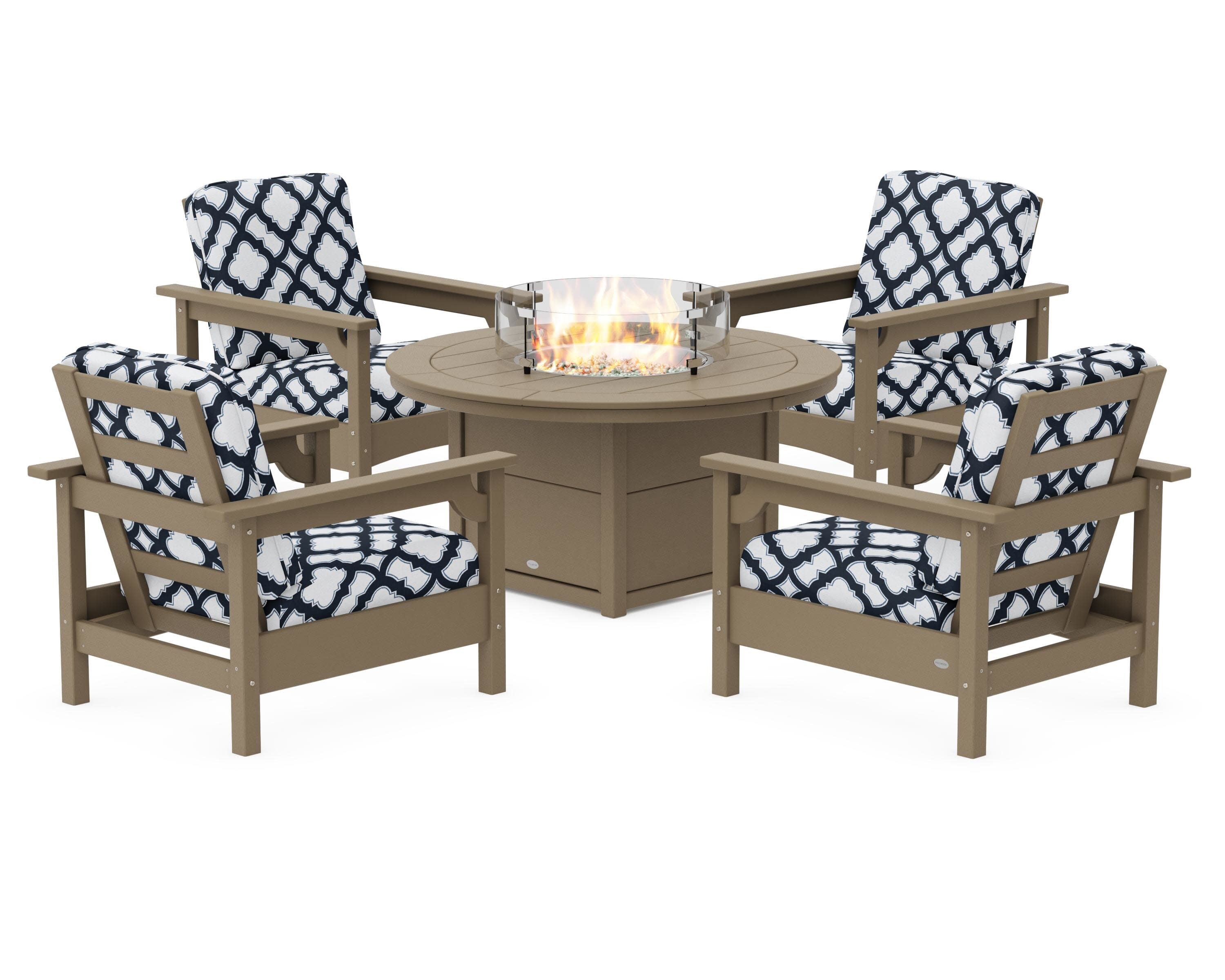 Club 5-Piece Conversation Set with Fire Pit Table in Vintage Sahara / Trellis Marine Indigo