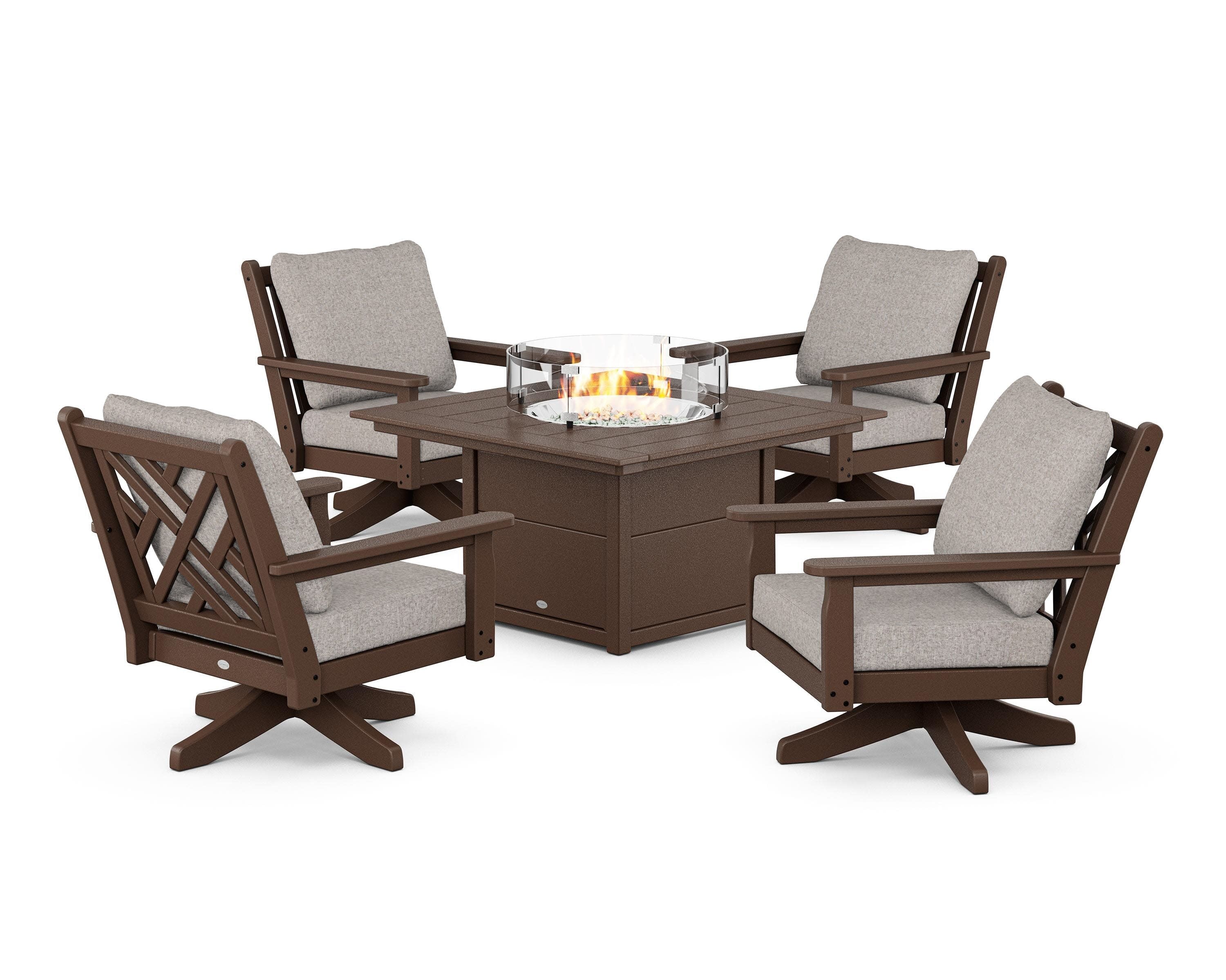 Chippendale 5-Piece Deep Seating Swivel Conversation Set with Fire Pit Table in Mahogany / Weathered Tweed