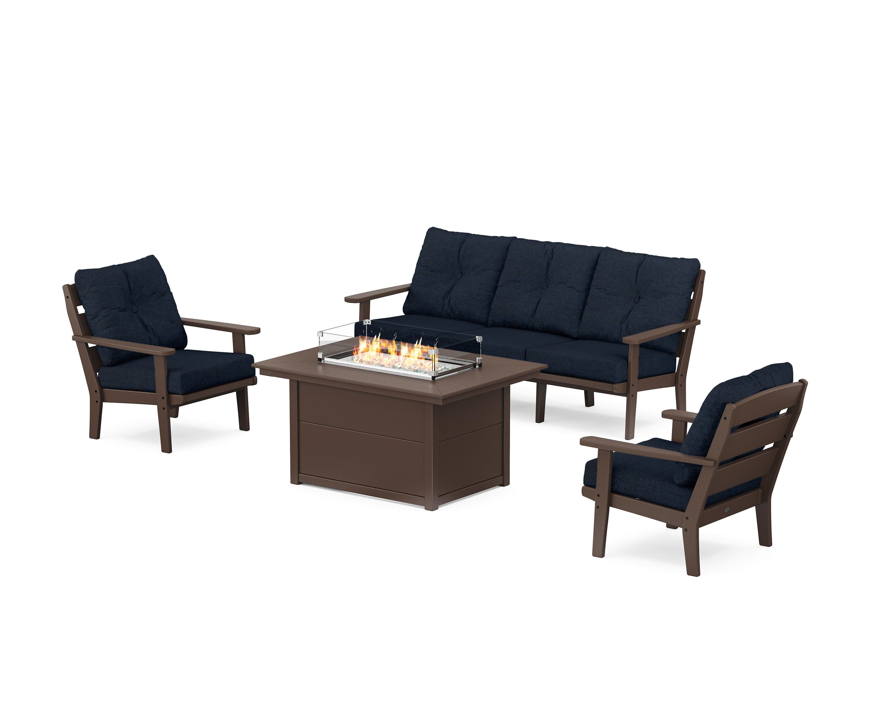 Lakeside Deep Seating Fire Pit Table Set in Mahogany / Marine Indigo