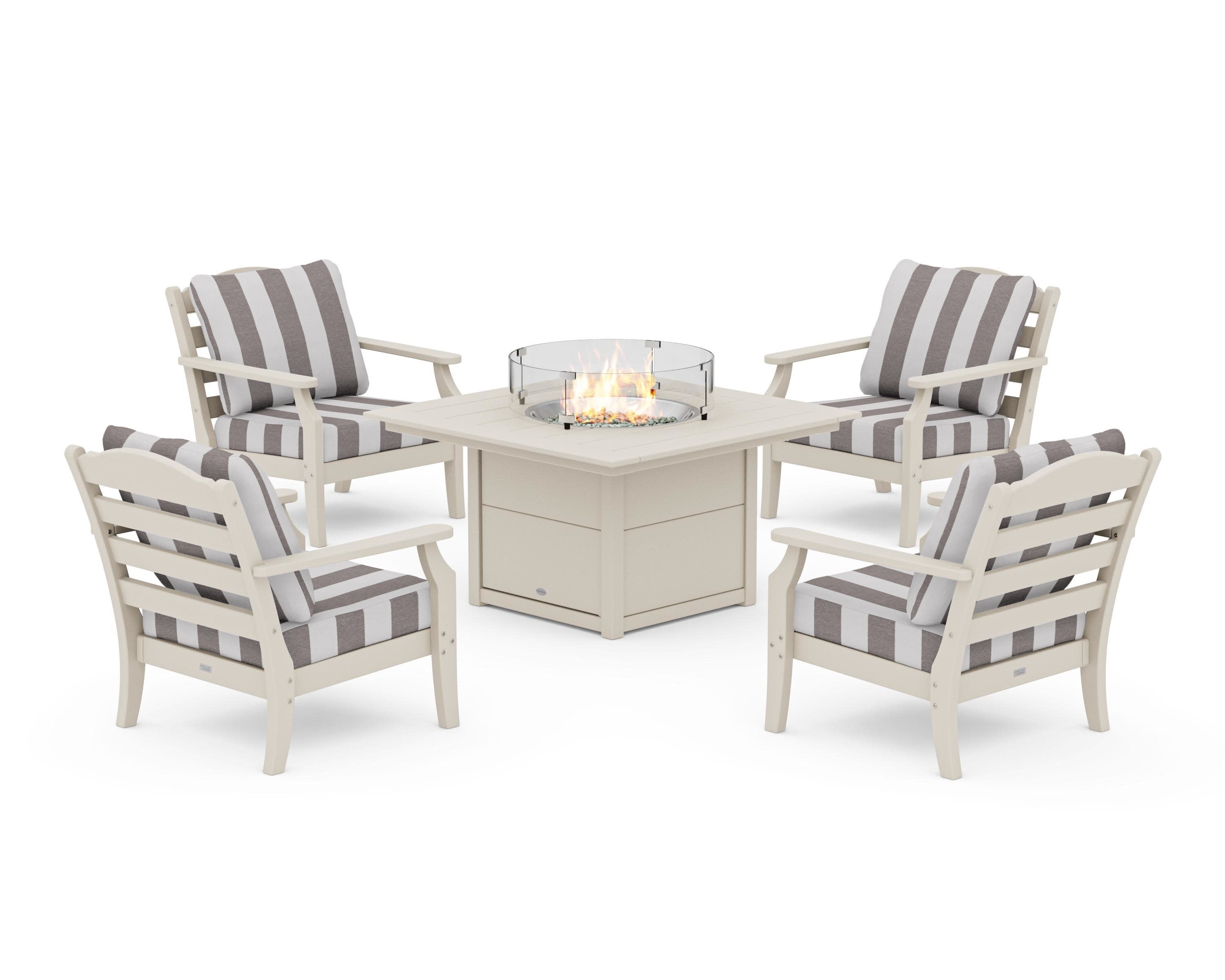 Savannah 5-Piece Deep Seating Set with Fire Pit Table in Sand / Cabana Stripe Grey Mist