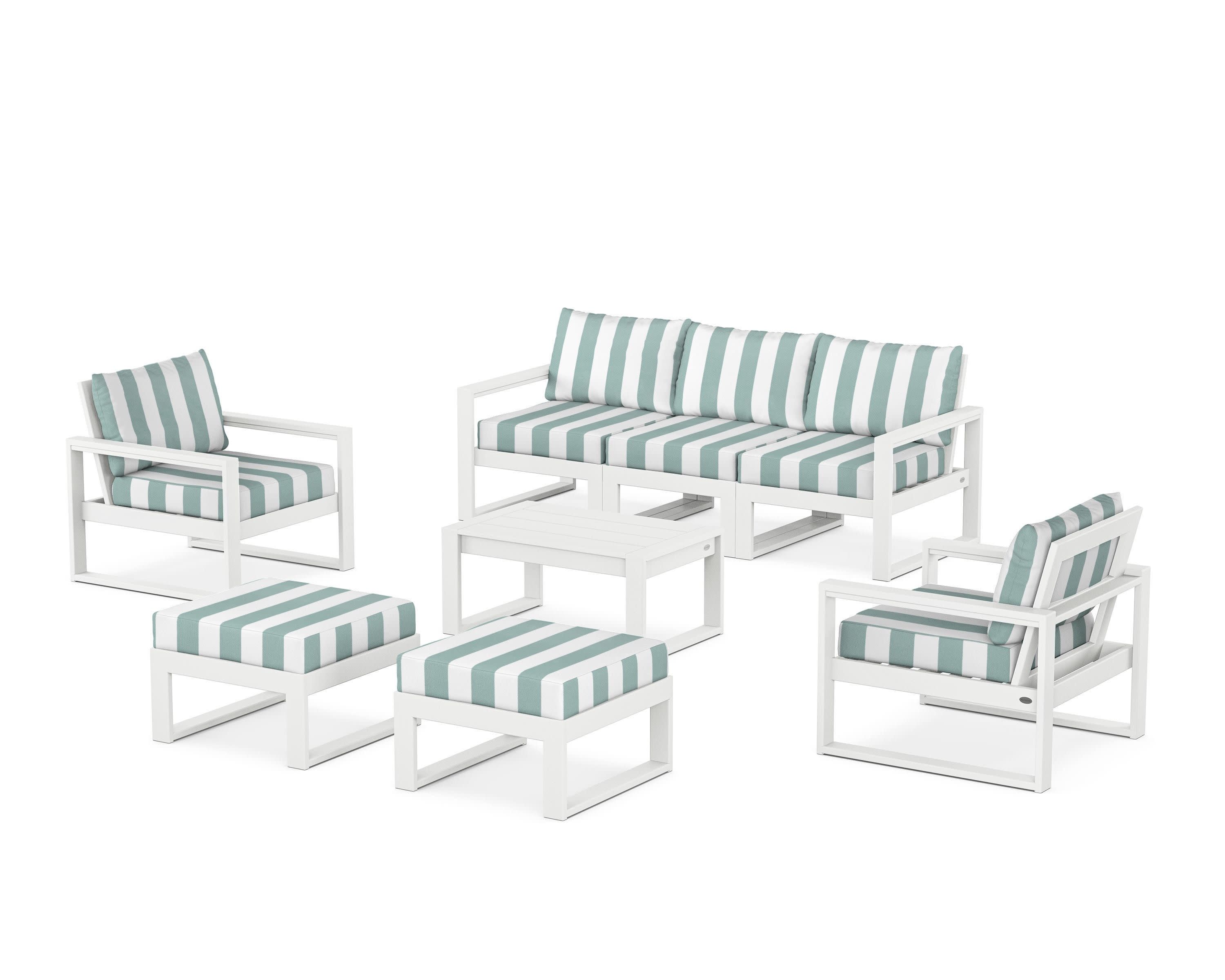EDGE Sectional 8-Piece Lounge Sofa Set in White / Cabana Stripe Glacier Spa