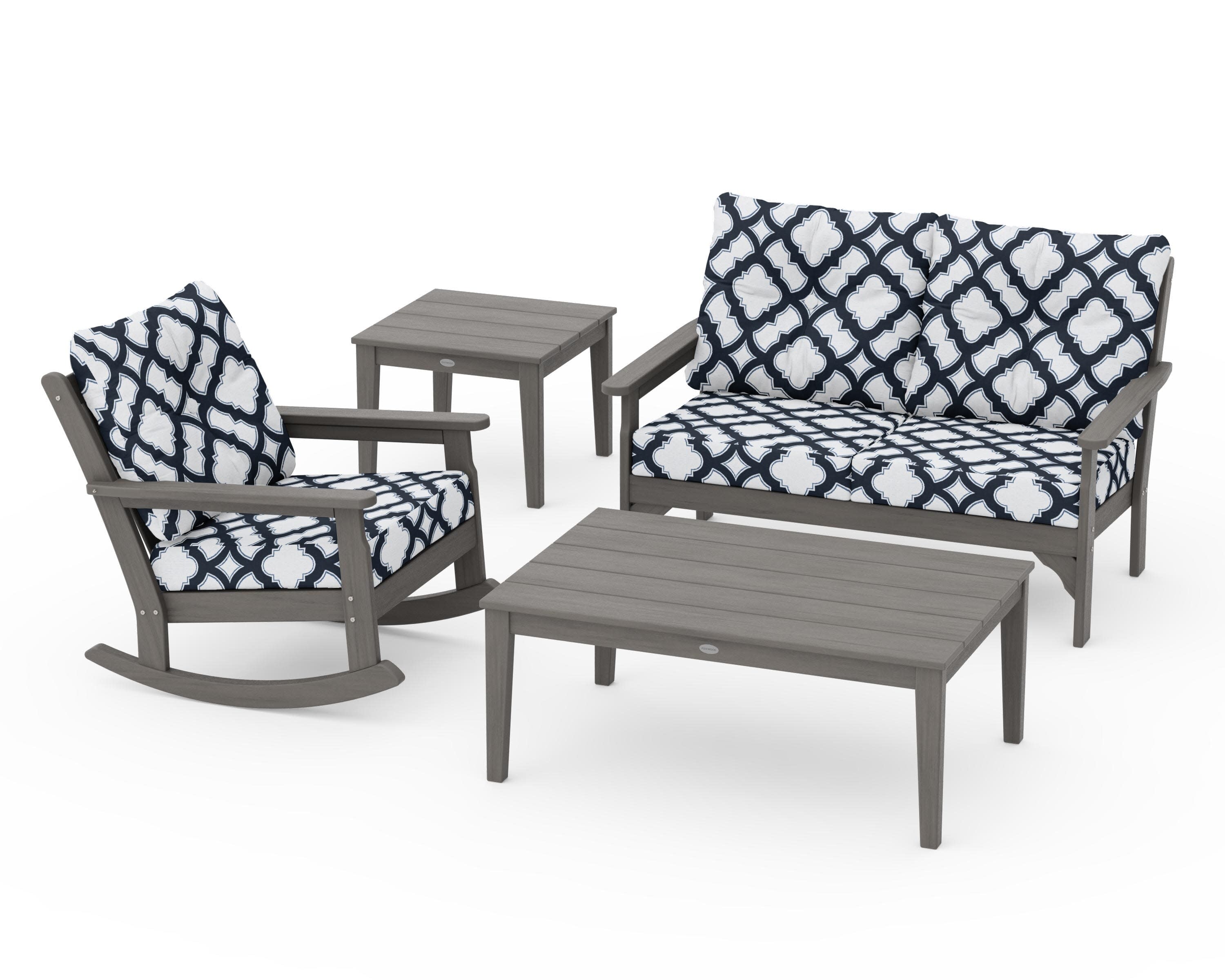 Vineyard 4-Piece Deep Seating Rocker Set in Driftwood / Trellis Marine Indigo