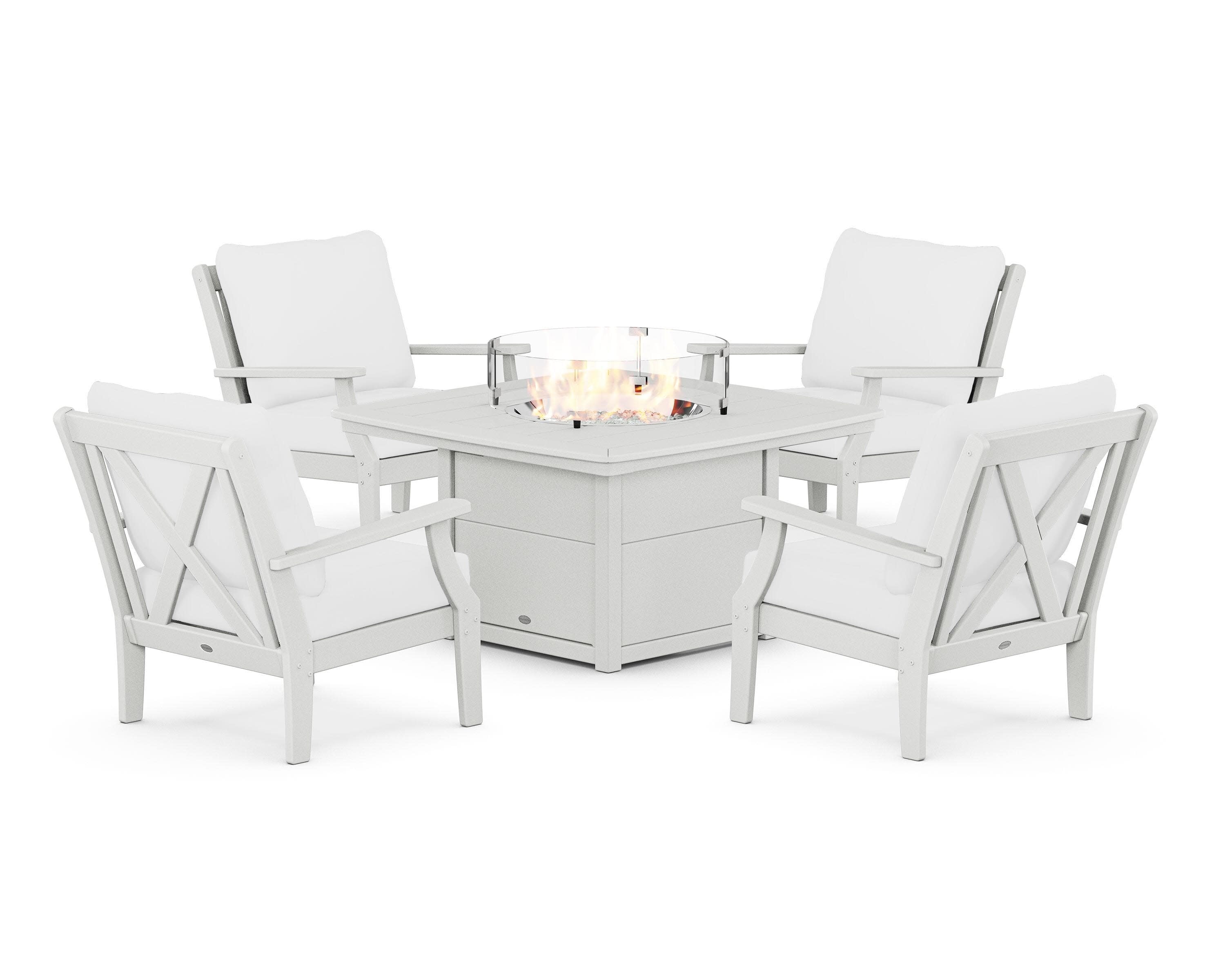 Braxton 5-Piece Deep Seating Conversation Set with Fire Pit Table in White / Natural