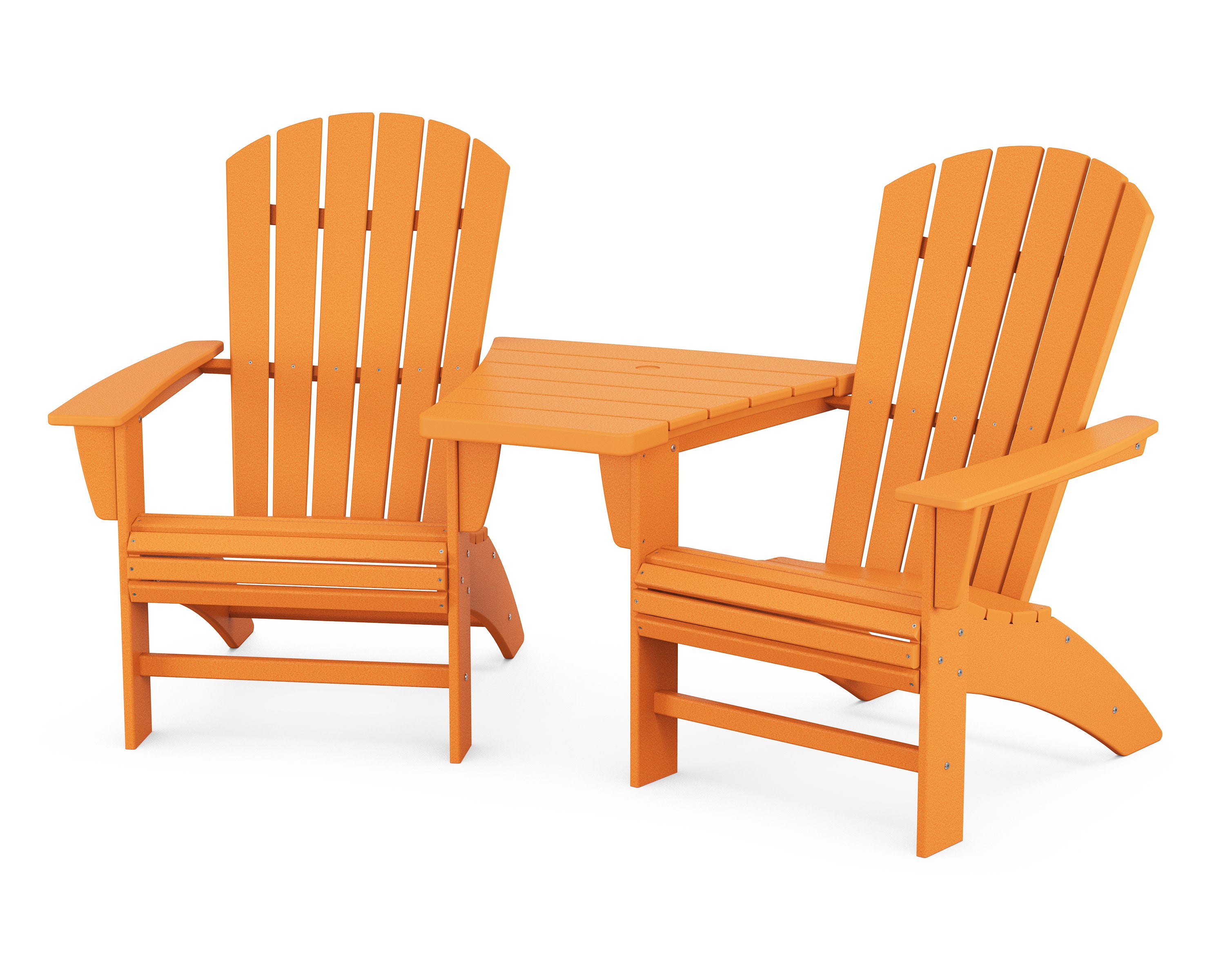 Nautical 3-Piece Curveback Adirondack Set with Angled Connecting Table in Tangerine
