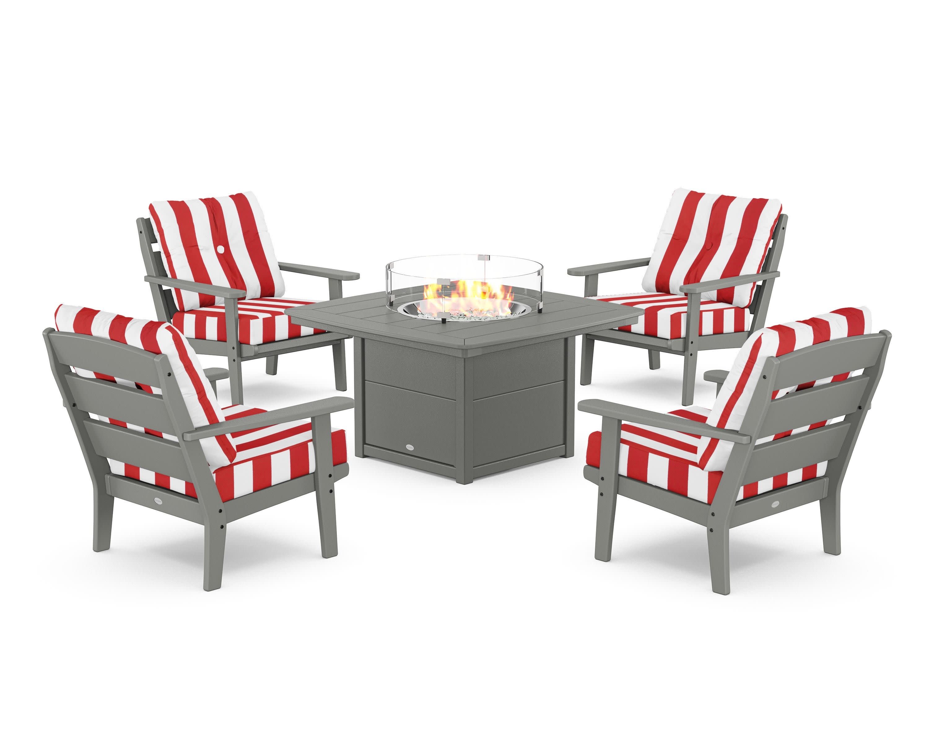 Lakeside 5-Piece Deep Seating Set with Nautical Fire Pit Table in Slate Grey / Cabana Stripe Crimson
