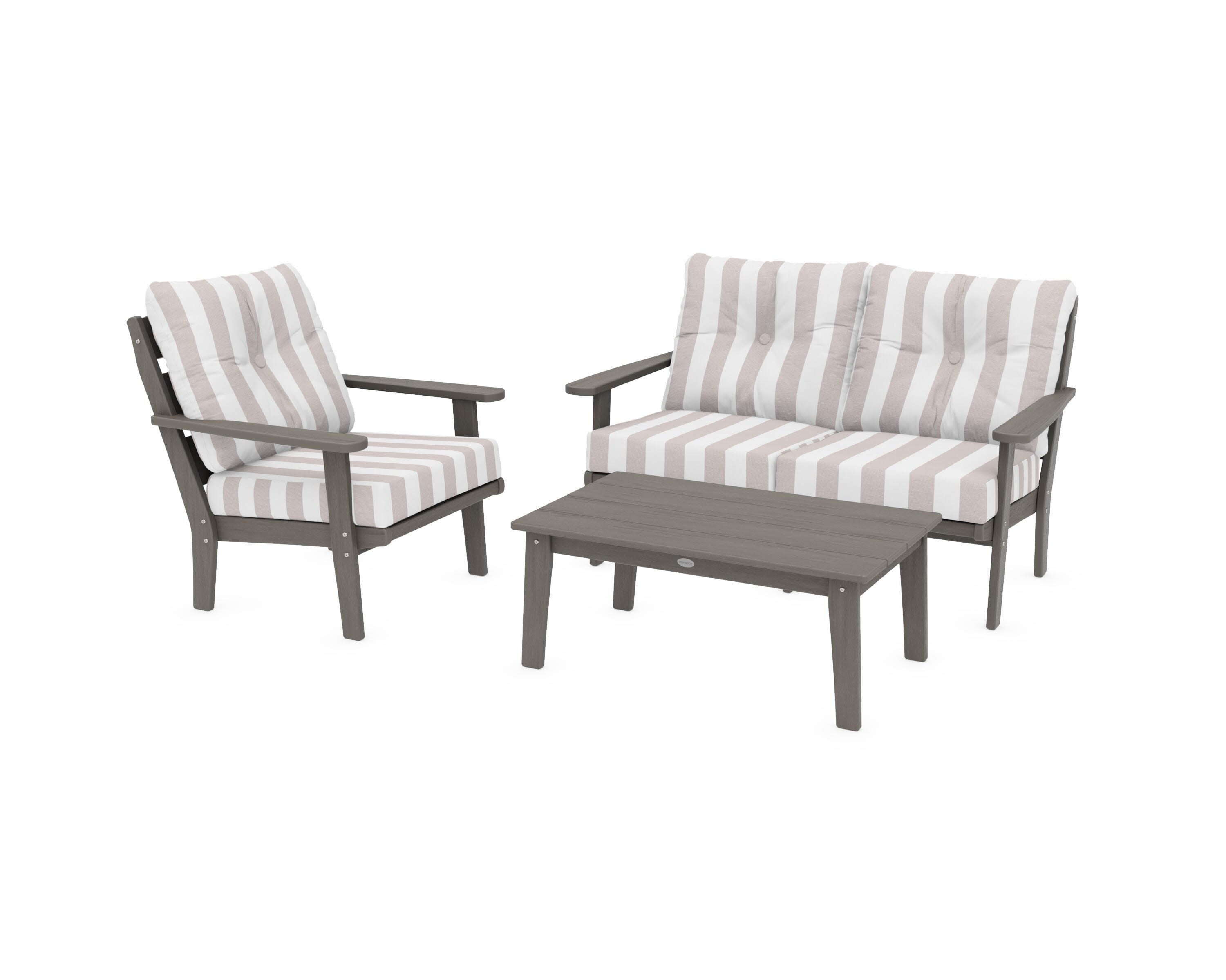 Lakeside 3-Piece Deep Seating Set in Driftwood / Cabana Stripe Dune Burlap