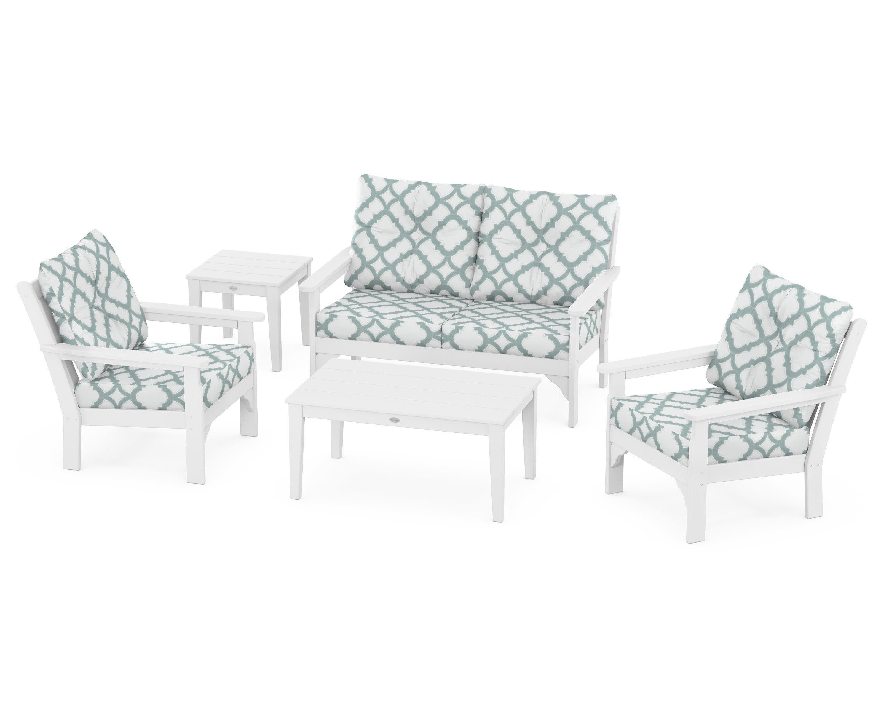 Vineyard 5-Piece Deep Seating Set in White / Trellis Glacier Spa