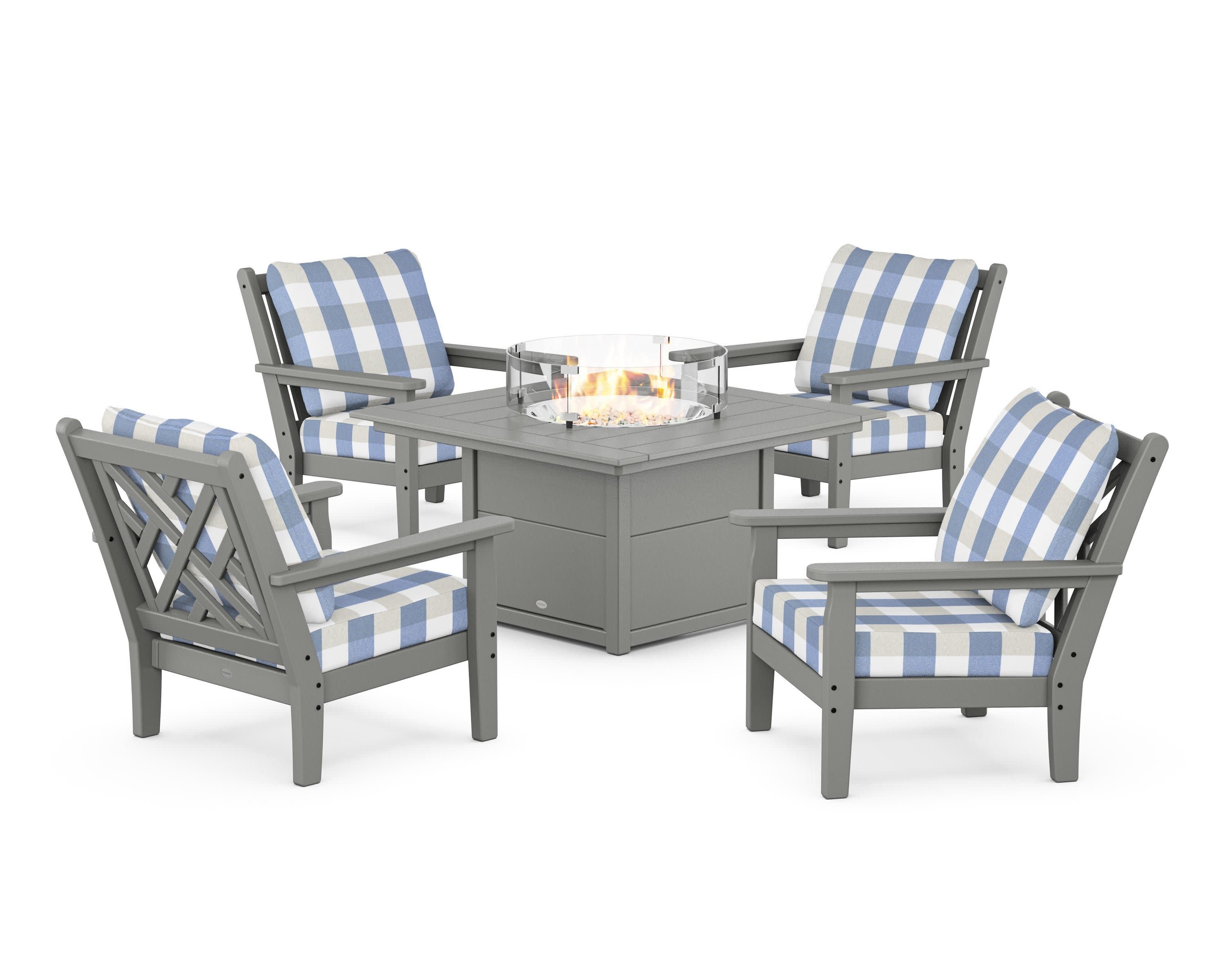 Chippendale 5-Piece Deep Seating Set with Fire Pit Table in Slate Grey / Buffalo Plaid Sky Blue