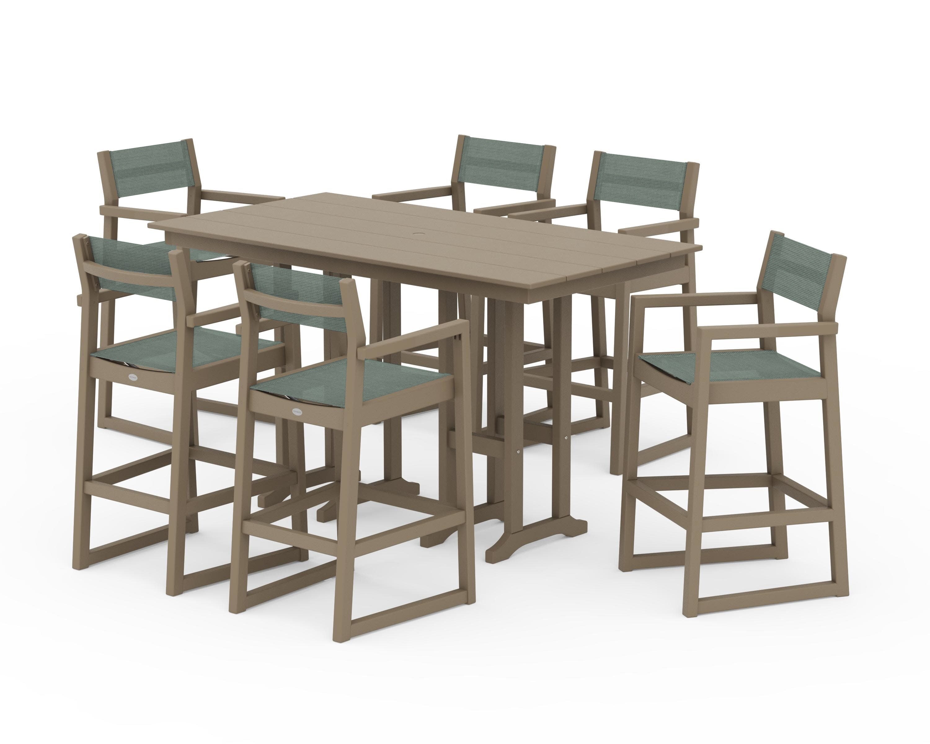 EDGE Sling Arm Chair 7-Piece Farmhouse Bar Set in Vintage Sahara / Dupioni Sea Mist Sling