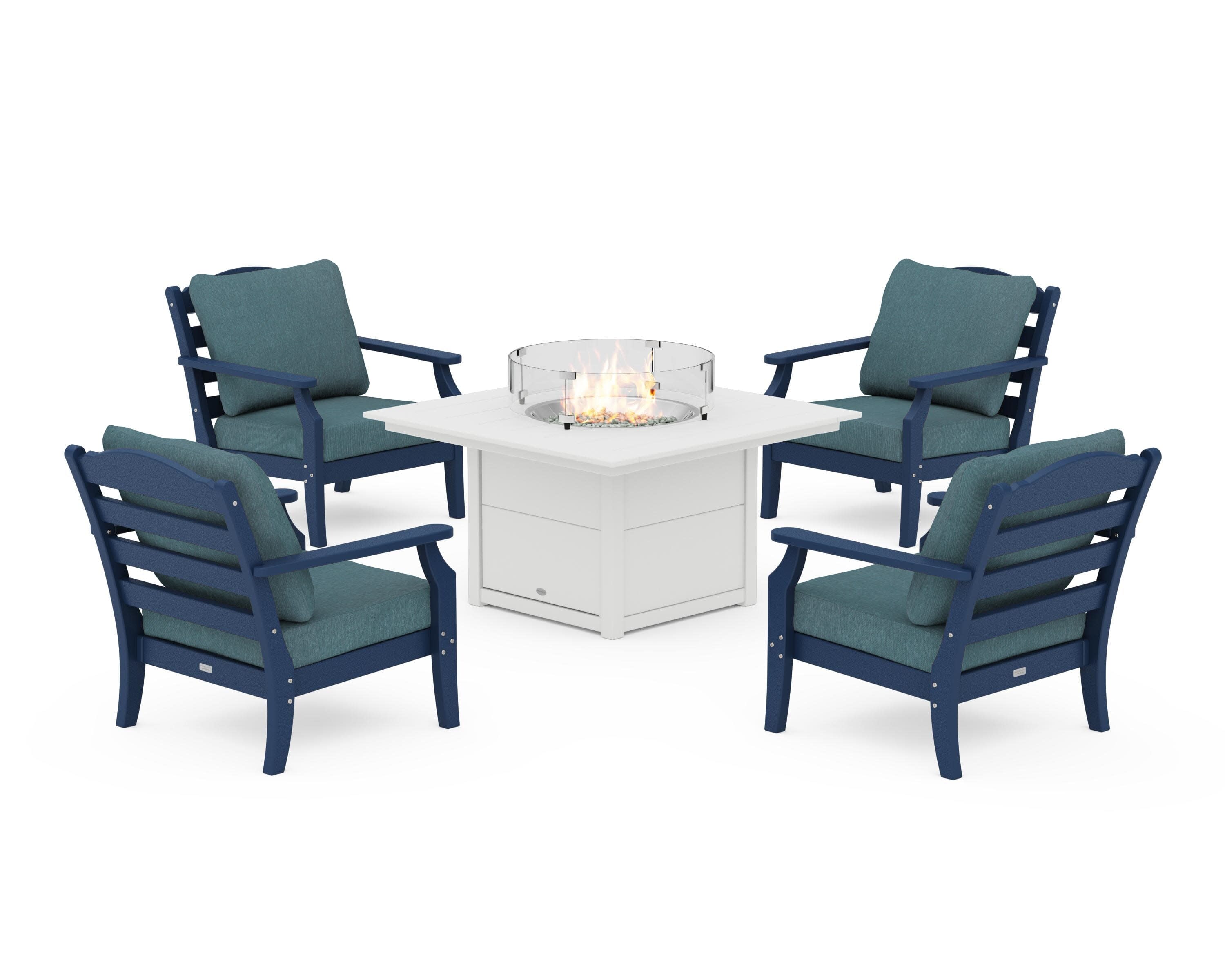 Savannah 5-Piece Deep Seating Set with Fire Pit Table in Navy / Ocean Teal