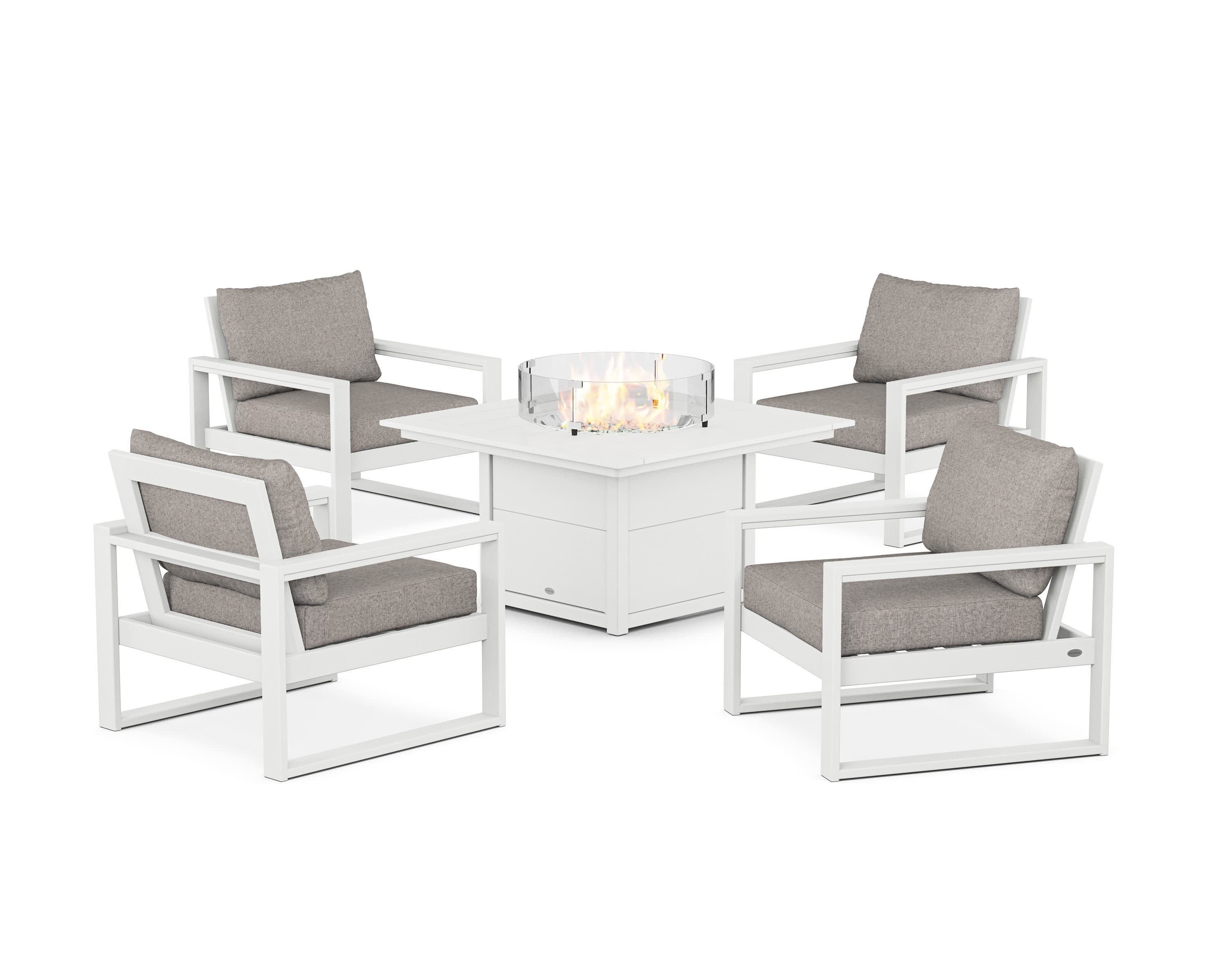 EDGE Sectional 5-Piece Deep Seating Set with Fire Pit Table in White / Weathered Tweed