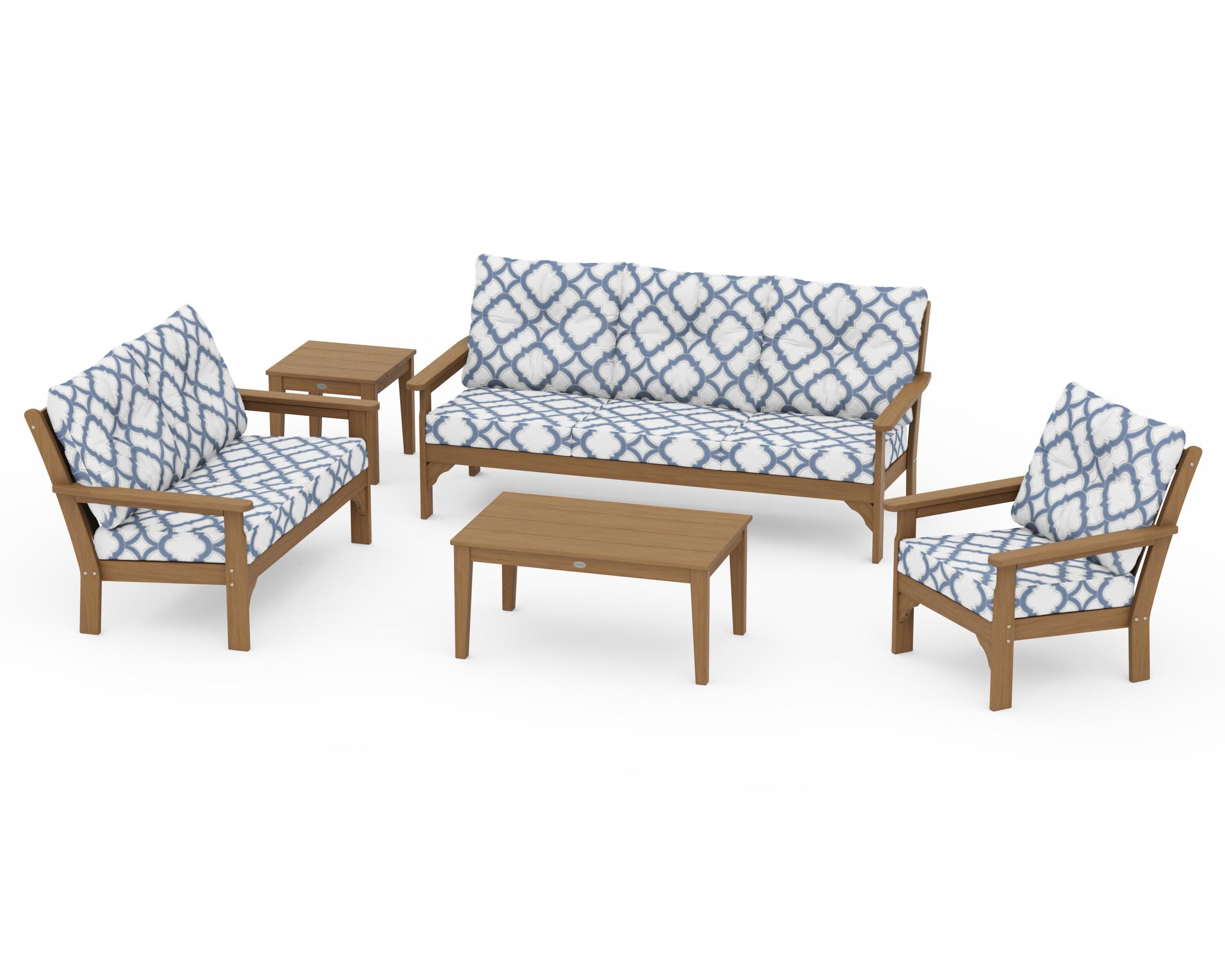 Vineyard 5 Piece Deep Seating Set in Natural / Trellis Sky Blue