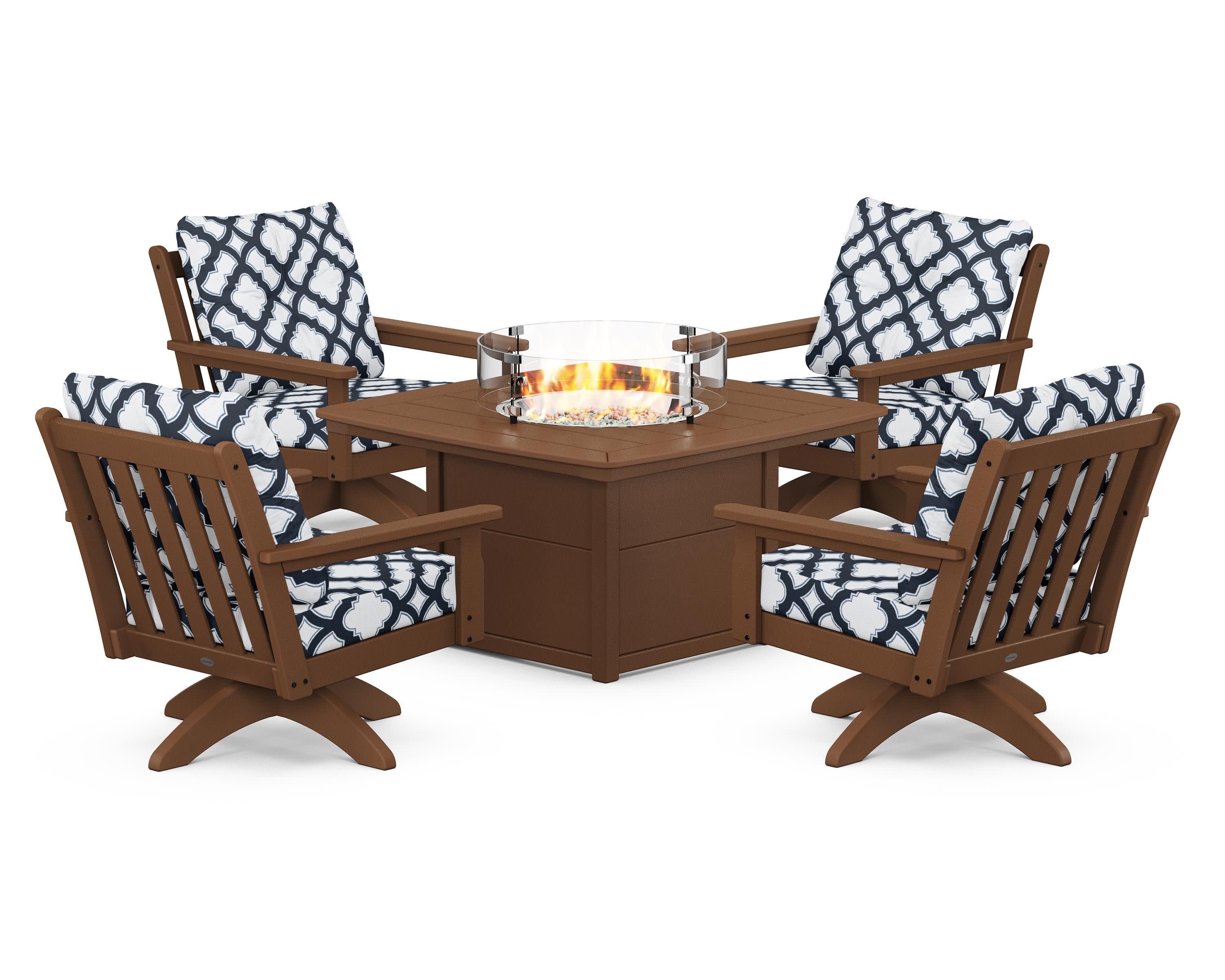 Vineyard 5-Piece Deep Seating Swivel Conversation Set with Fire Pit Table in Teak / Trellis Marine Indigo