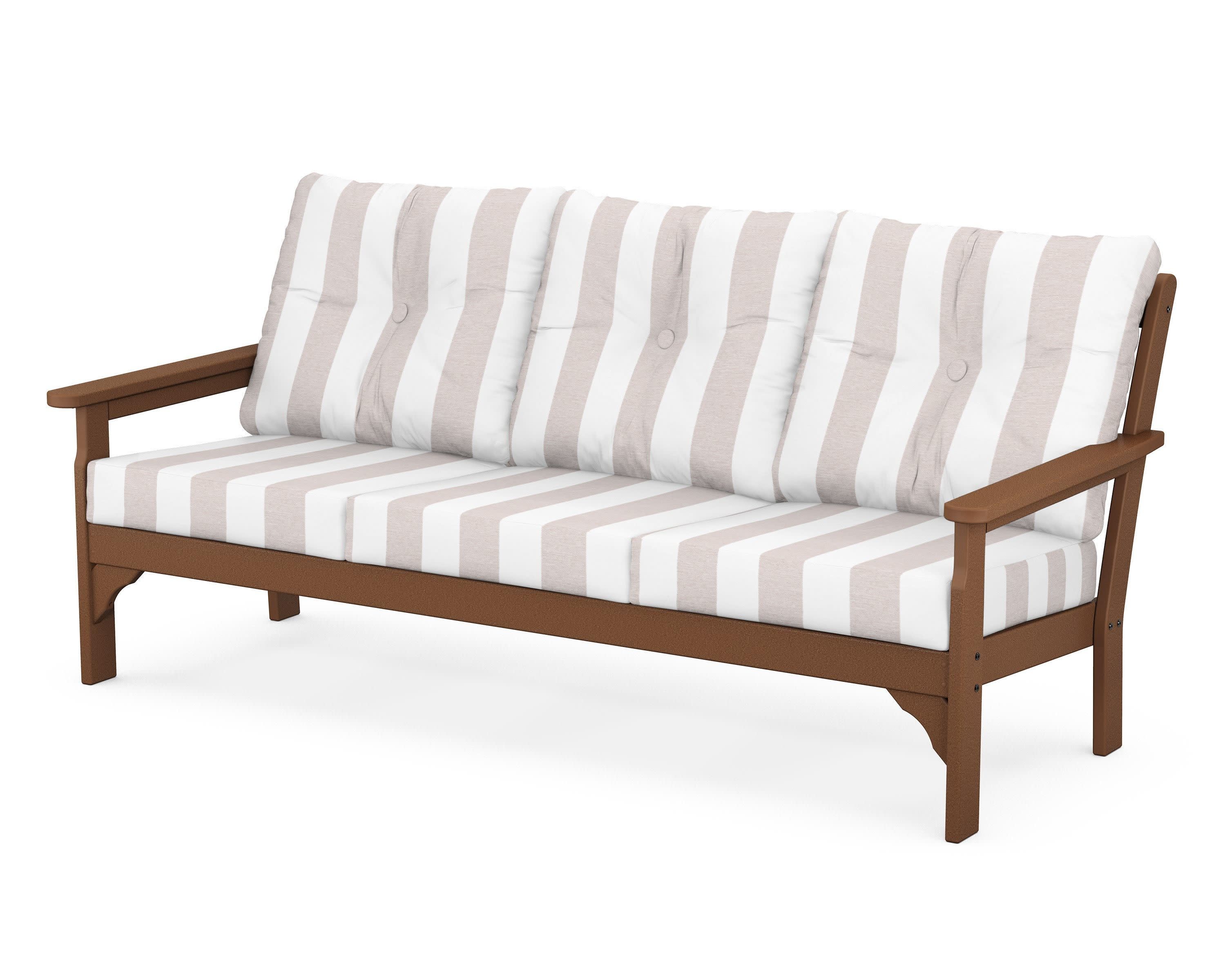 Vineyard Deep Seating Sofa in Teak / Cabana Stripe Dune Burlap