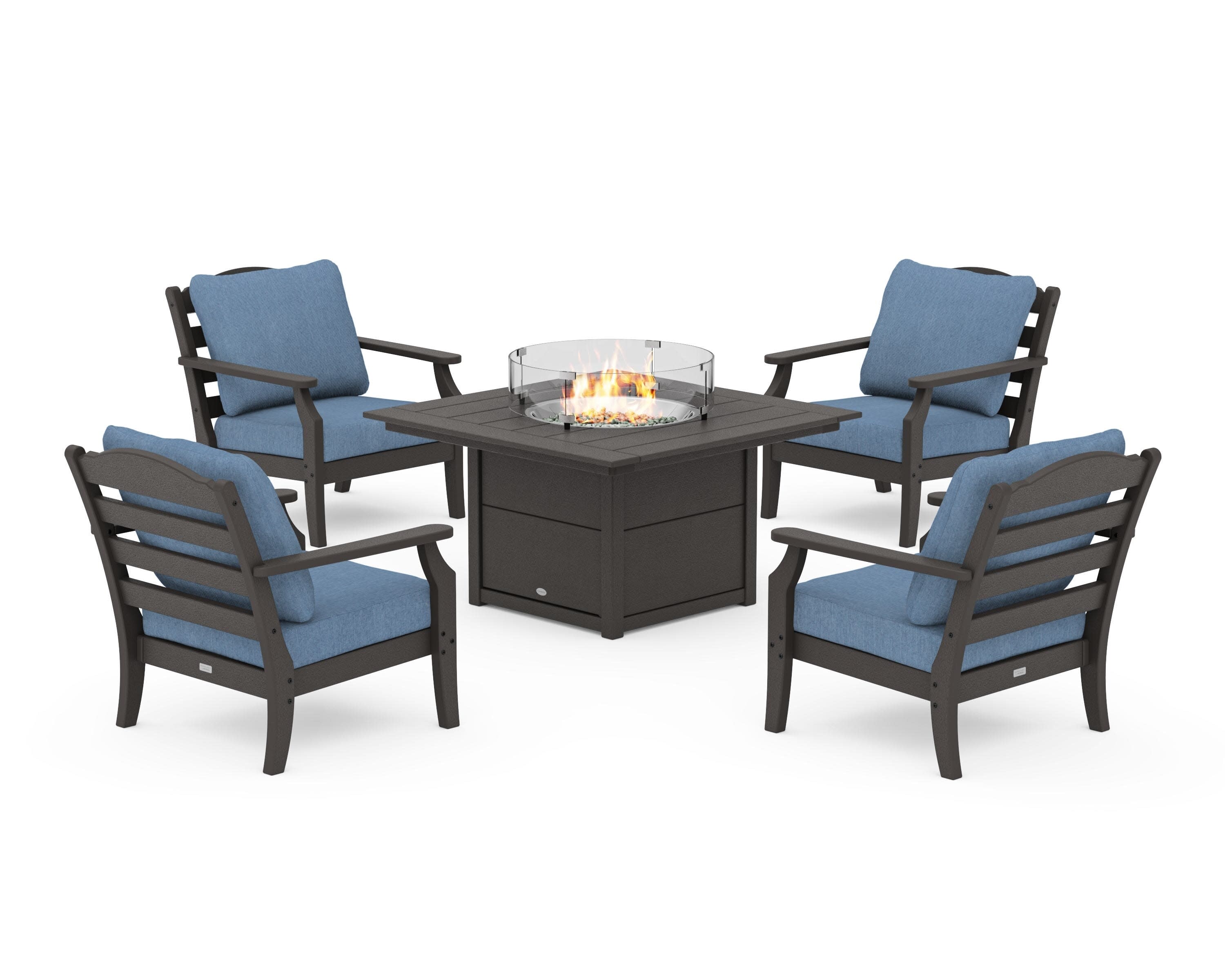 Savannah 5-Piece Deep Seating Set with Fire Pit Table in Vintage Coffee / Sky Blue