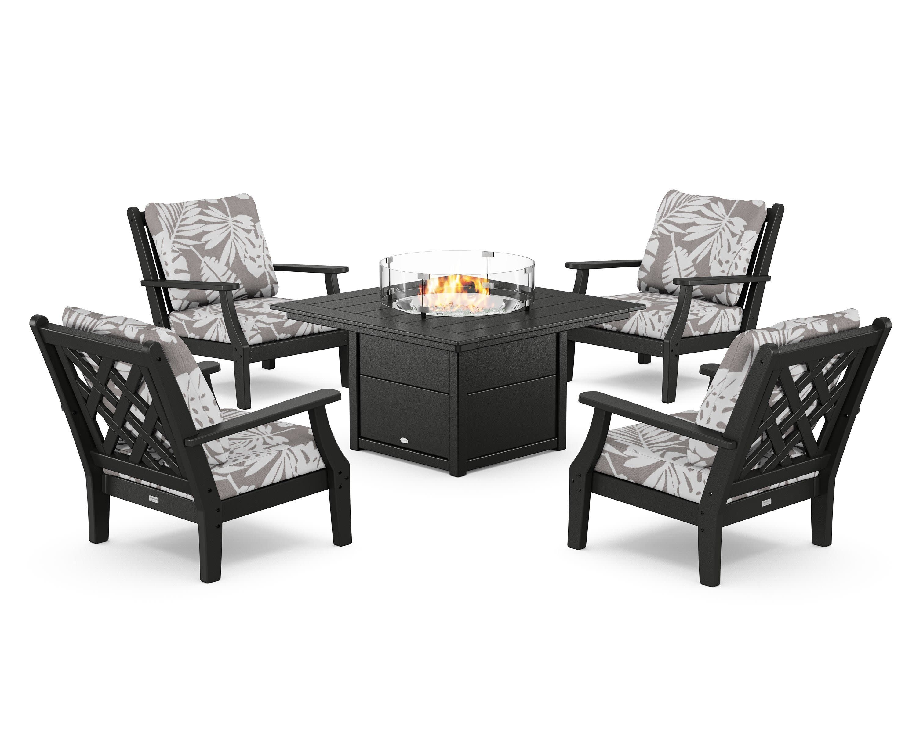 Wovendale 5-Piece Deep Seating Set with Fire Pit Table in Black / Leaf Grey Mist