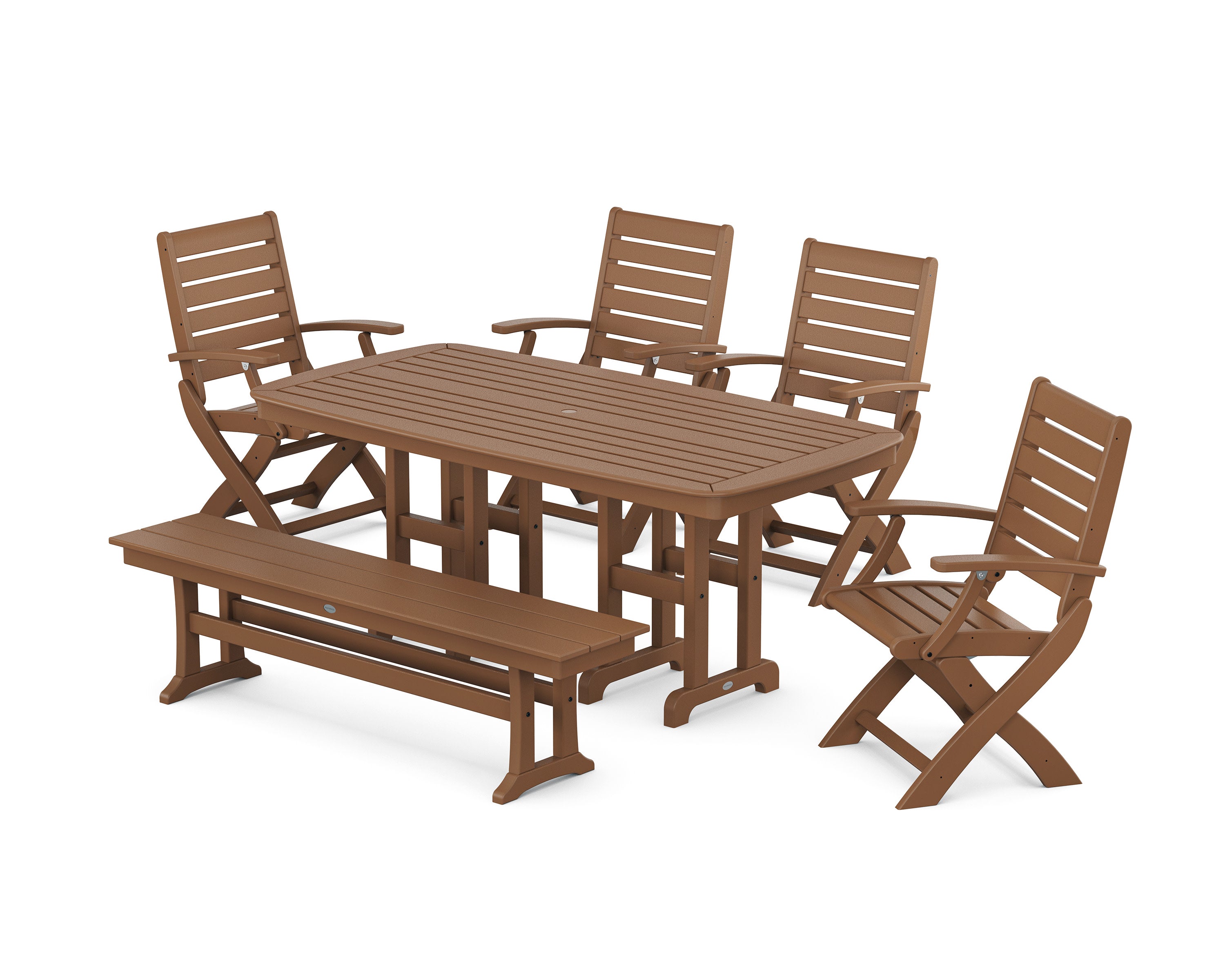 Signature Folding Chair 6-Piece Dining Set with Bench in Teak