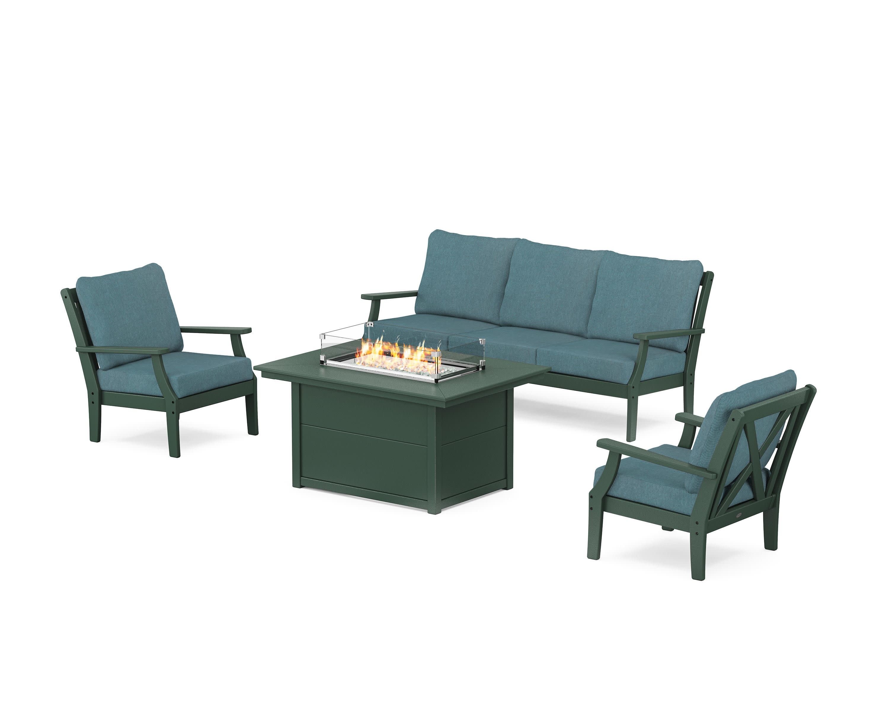 Braxton Deep Seating Fire Pit Table Set in Green / Ocean Teal