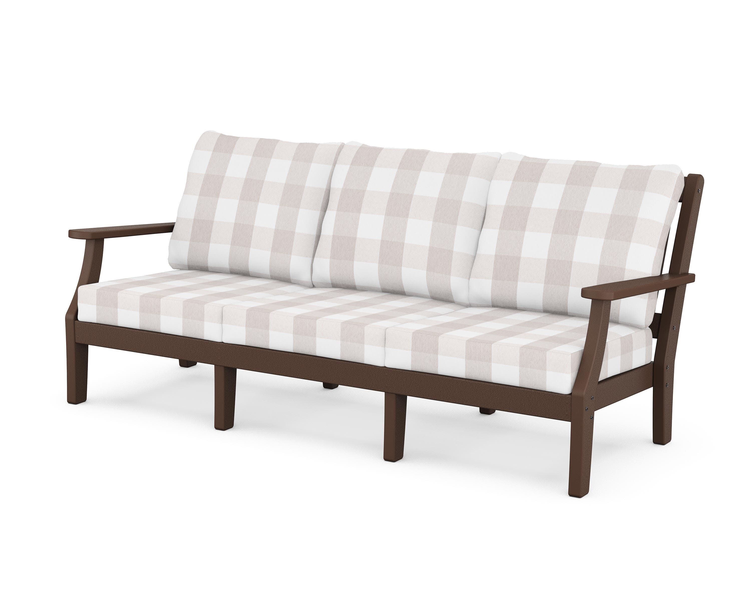 Chinoiserie Deep Seating Sofa in Mahogany / Buffalo Plaid Dune Burlap
