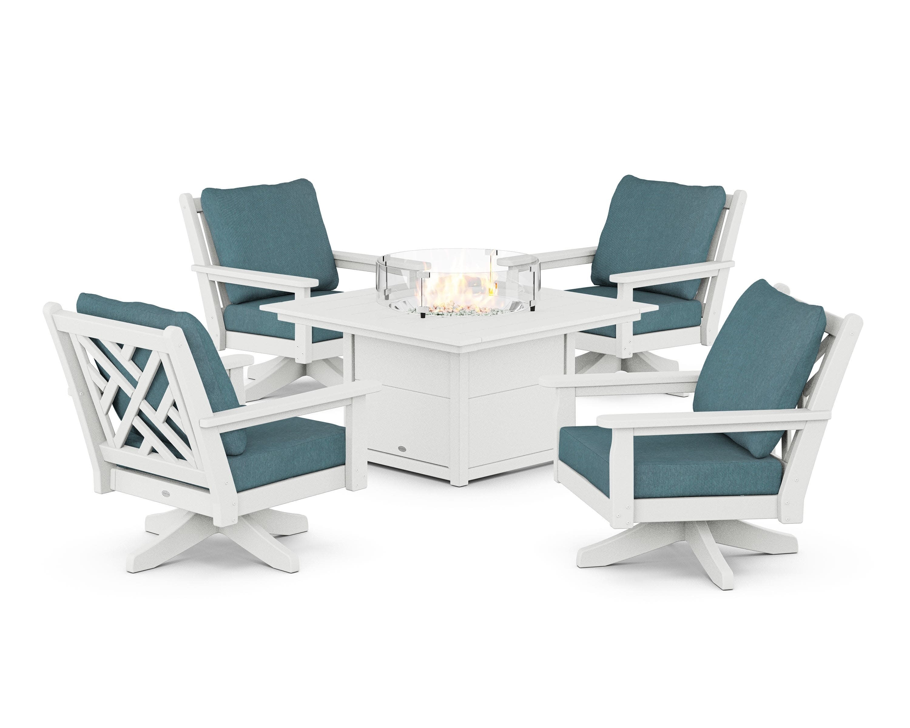Chippendale 5-Piece Deep Seating Swivel Conversation Set with Fire Pit Table in White / Ocean Teal