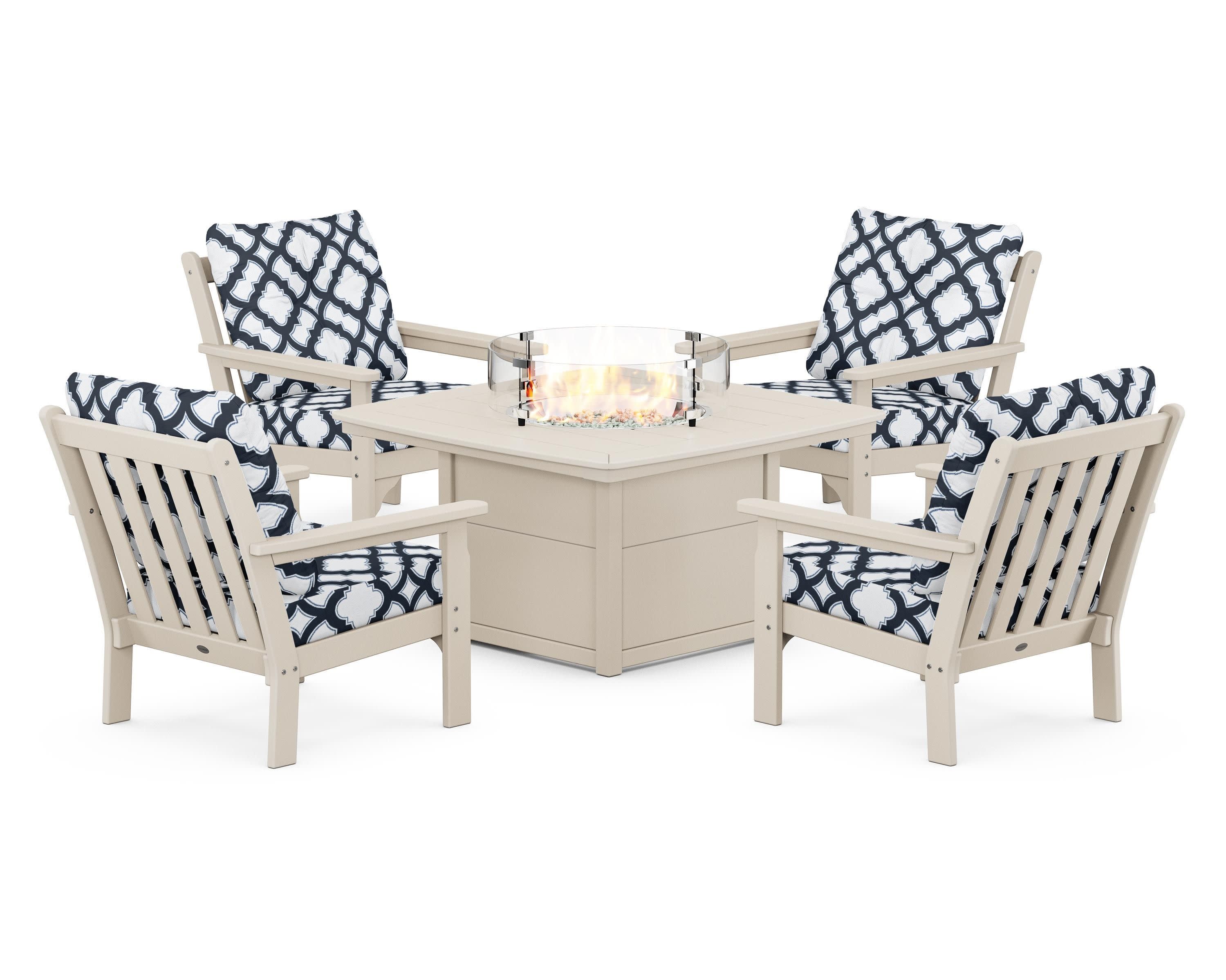 Vineyard 5-Piece Conversation Set with Fire Pit Table in Sand / Trellis Marine Indigo
