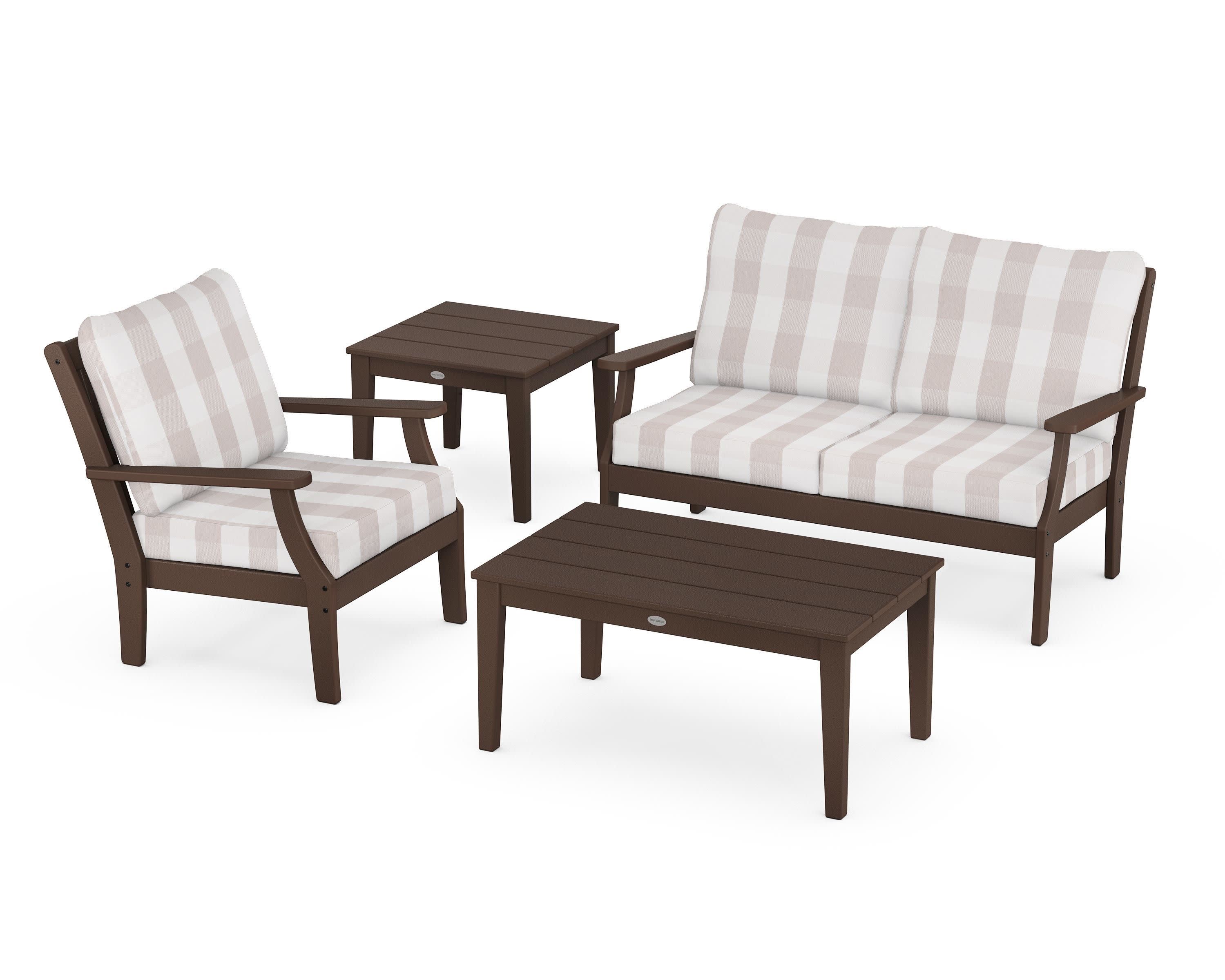Braxton 4-Piece Deep Seating Set in Mahogany / Buffalo Plaid Dune Burlap